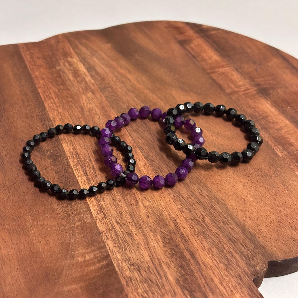 Vintage Black/Purple Beaded Bracelet Bundle 3 Pieces Stretchy Beads