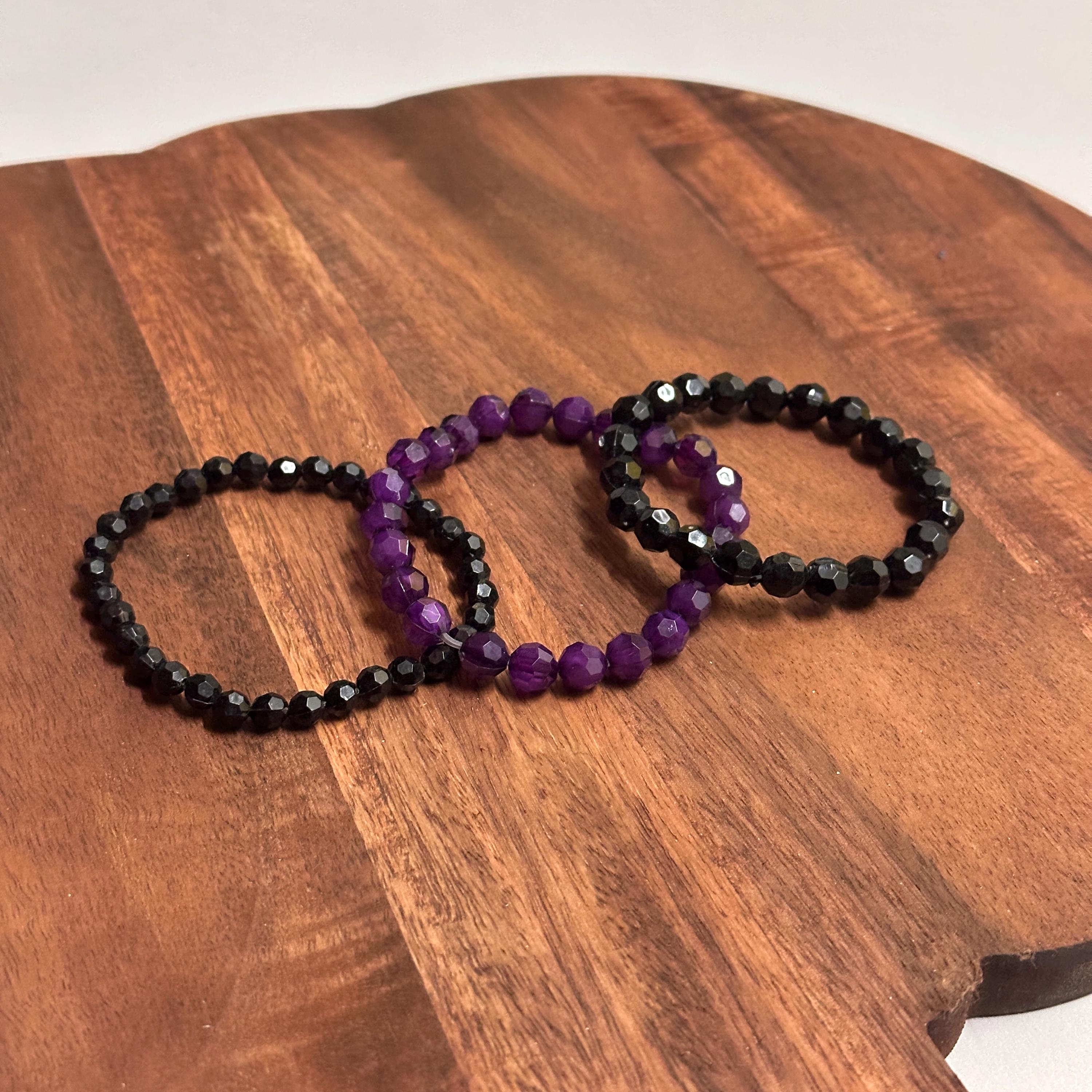 Vintage Black/Purple Beaded Bracelet Bundle 3 Pieces Stretchy Beads