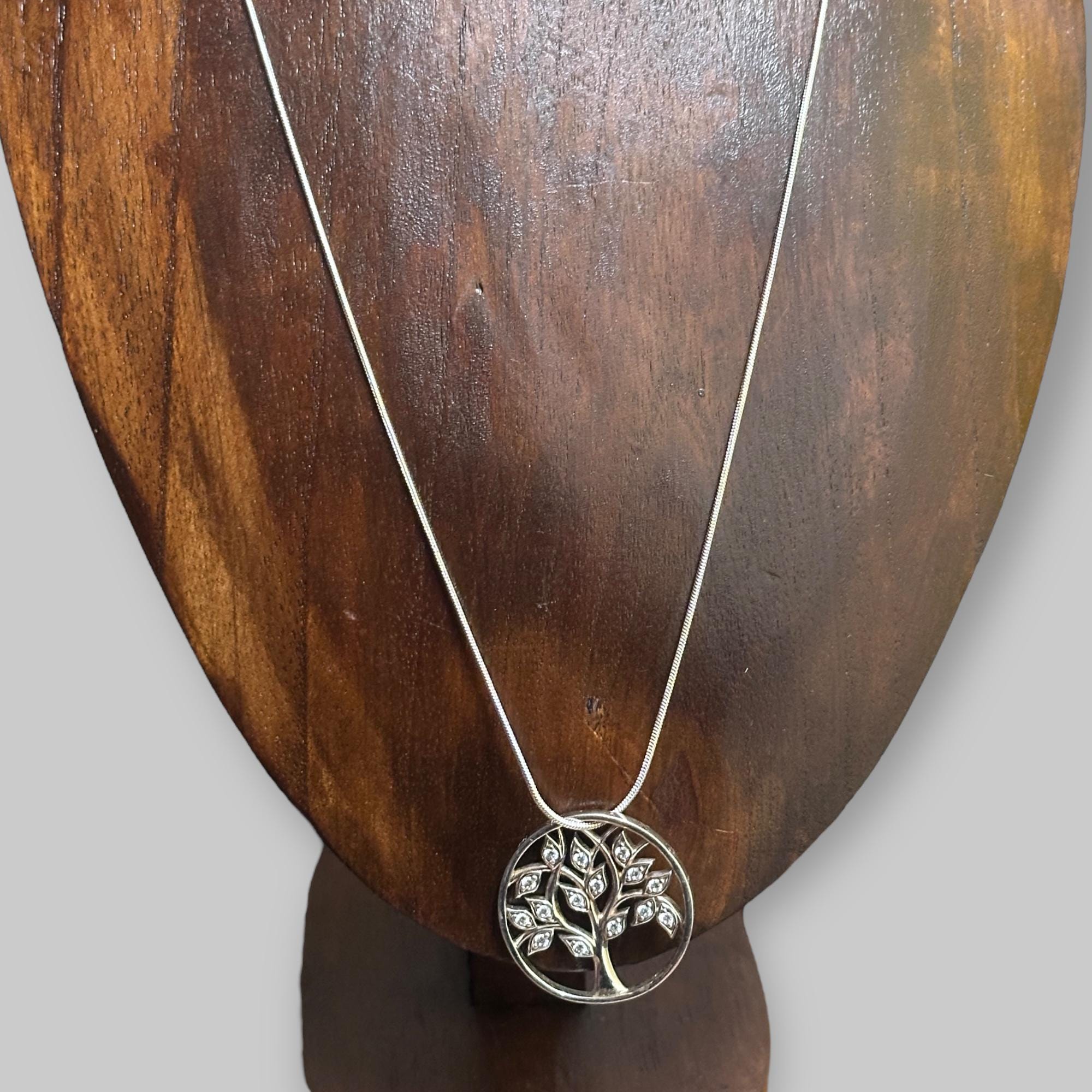 Vintage Tree Of Life Pendant Necklace Silver Tone Clear Gems Unique Gift