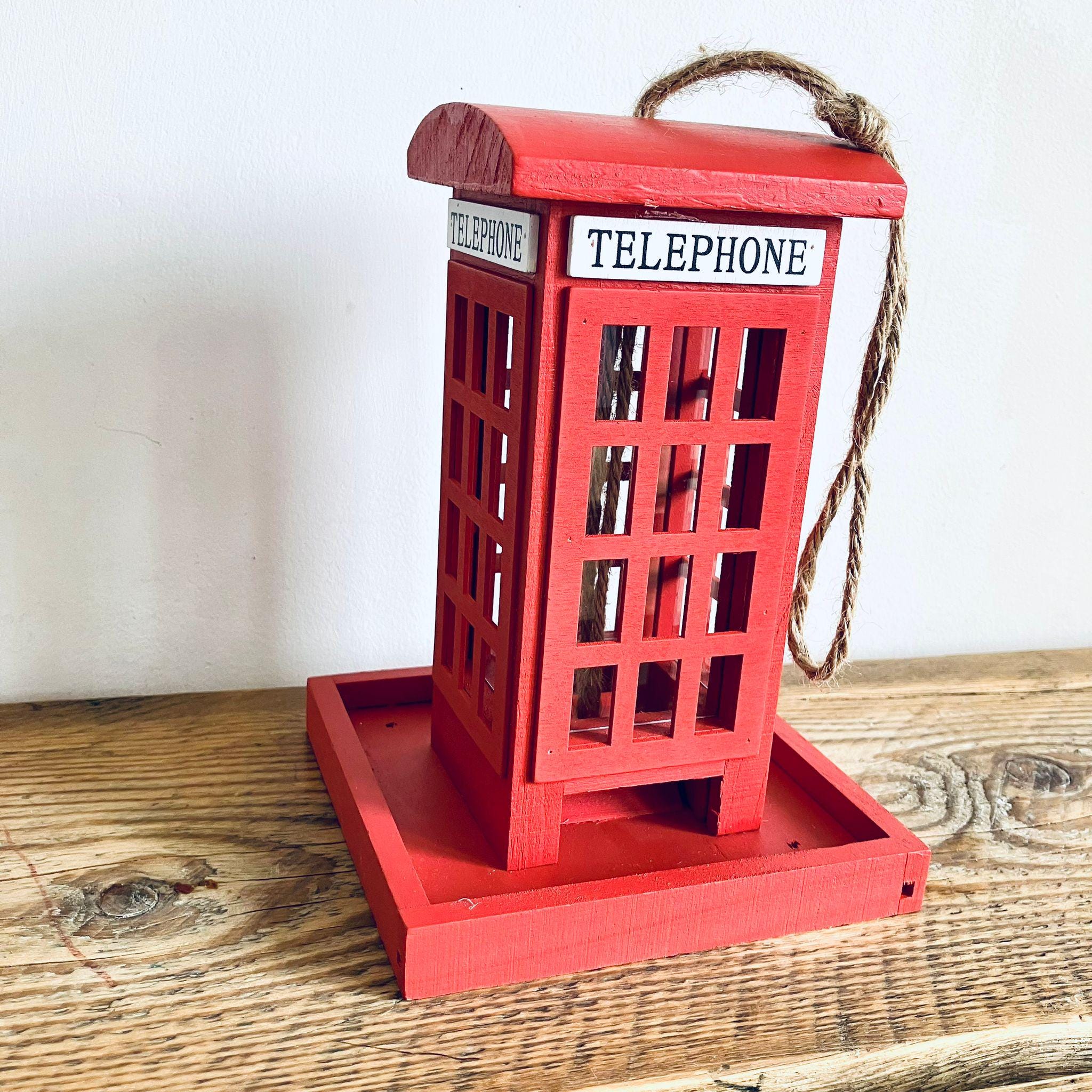 Red Wooden Telephone Bird Box Vintage Style Hanging Bird Feeder 20cm