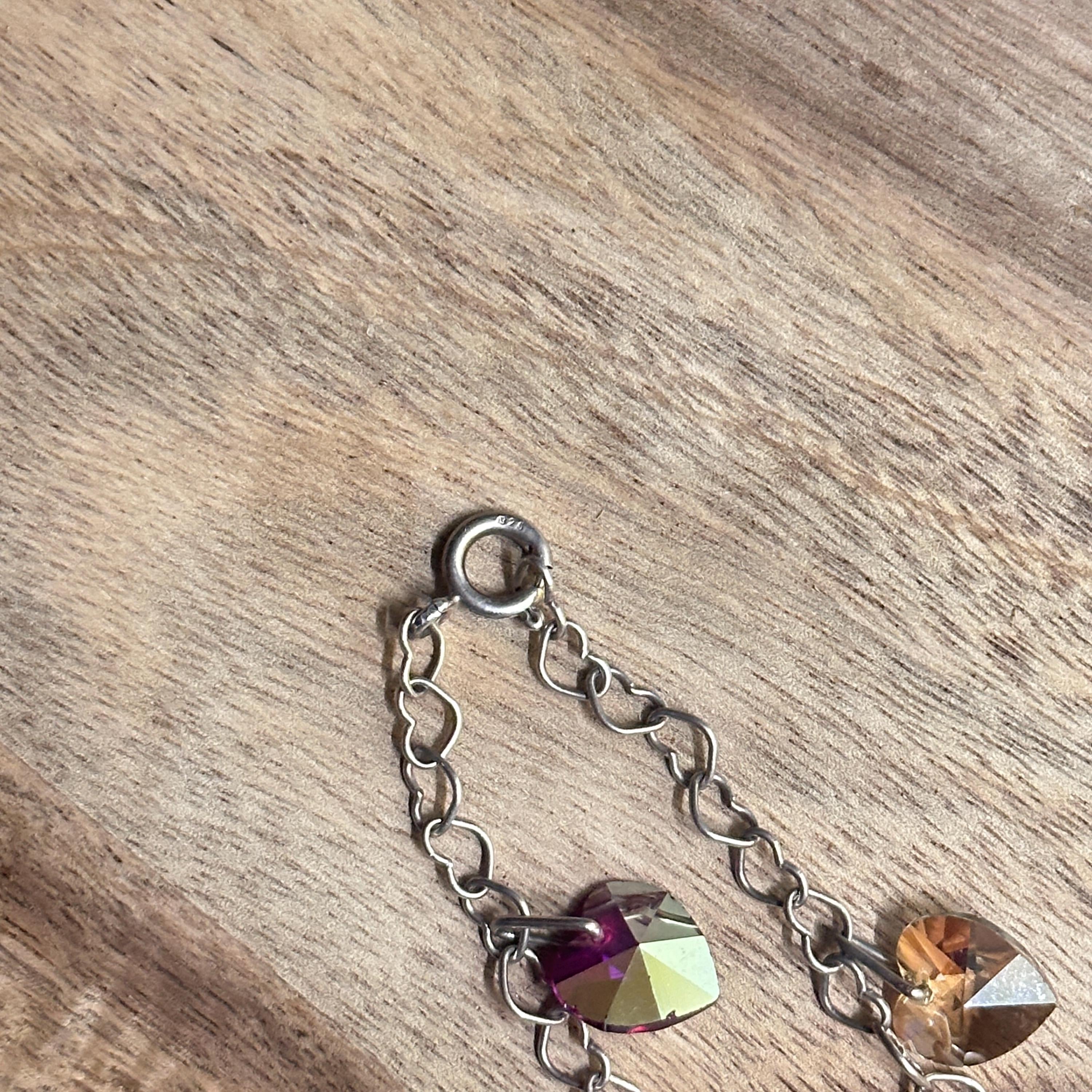 Vintage Intricate Crystal/Glass Heart Charm Bracelet 925 Silver Gift