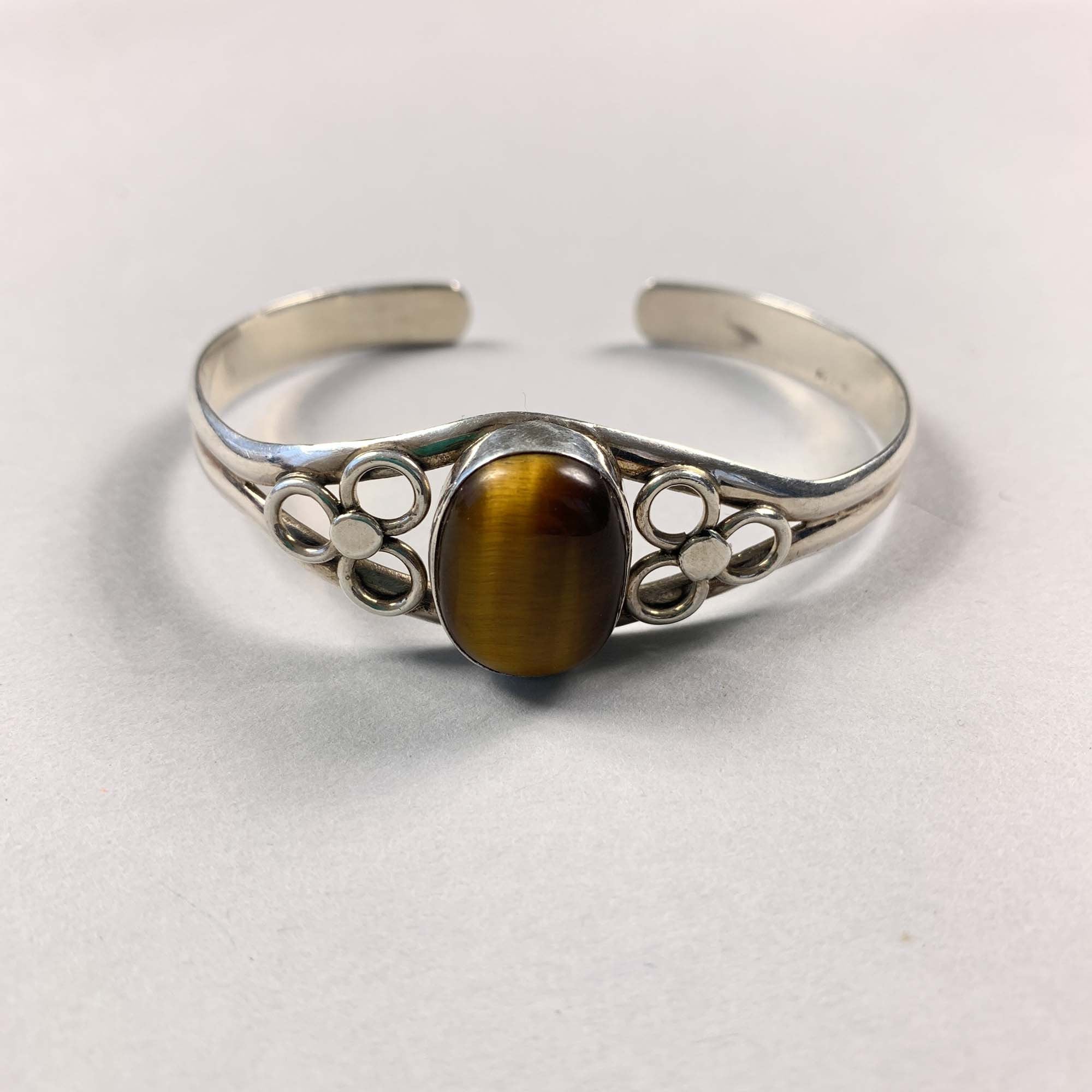 Vintage 925 Sterling Silver Tigers Eye Bangle Bracelet
