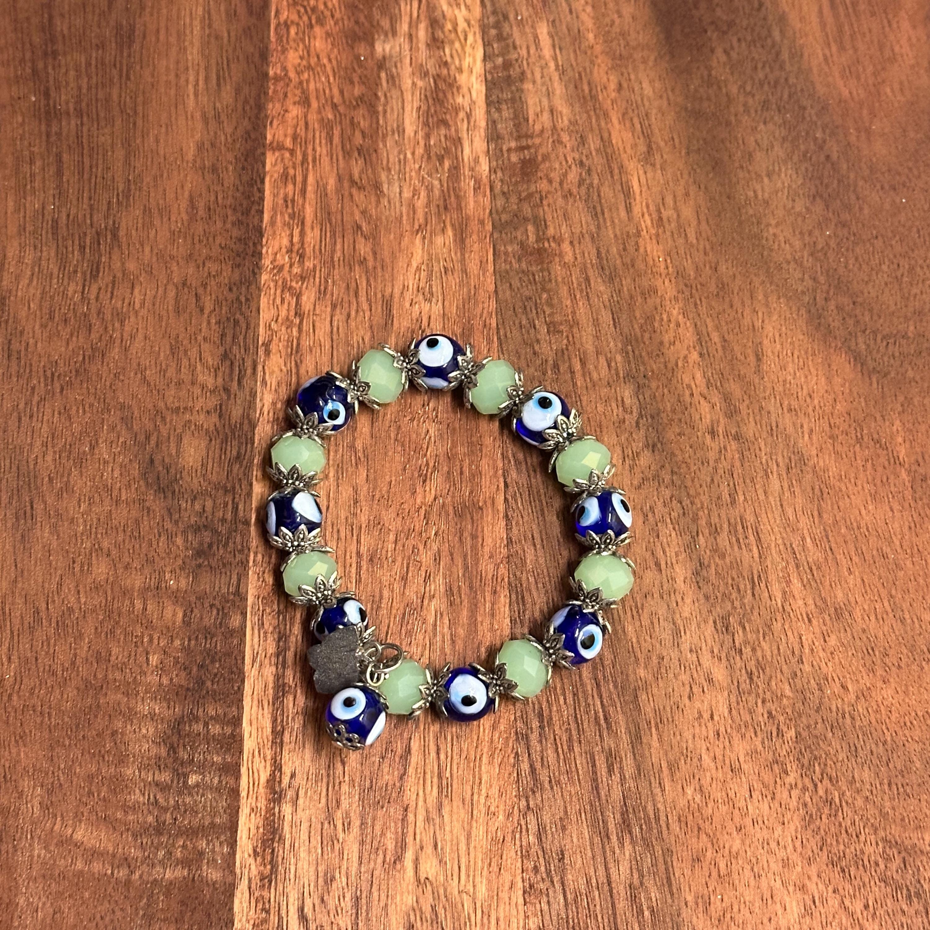 Vintage Blue Turkish Evil Eye Green Gemstone Beaded Bracelet Unique Gift