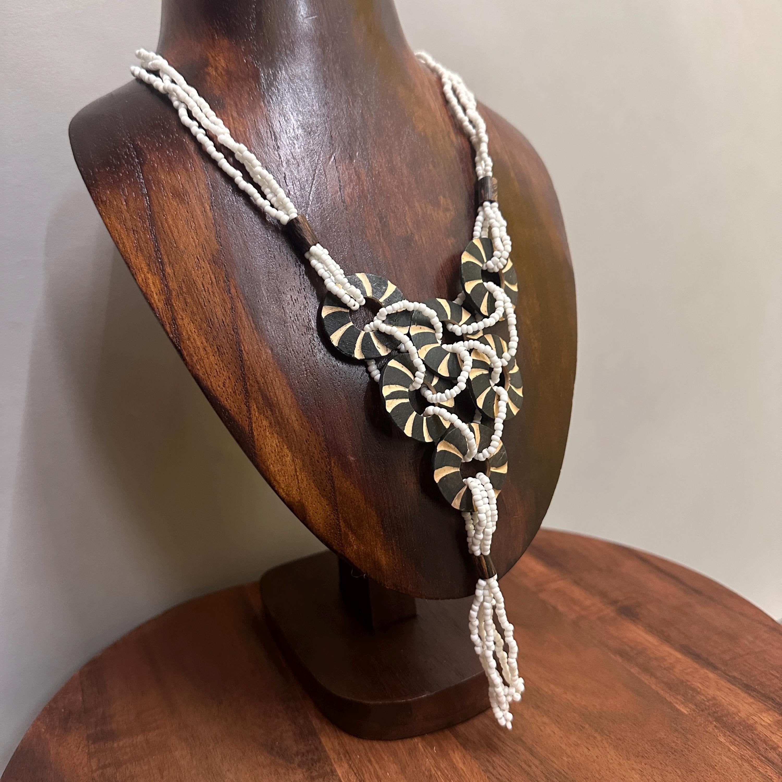 Vintage Handmade Tribal Disk Pendant Necklace White/Brown