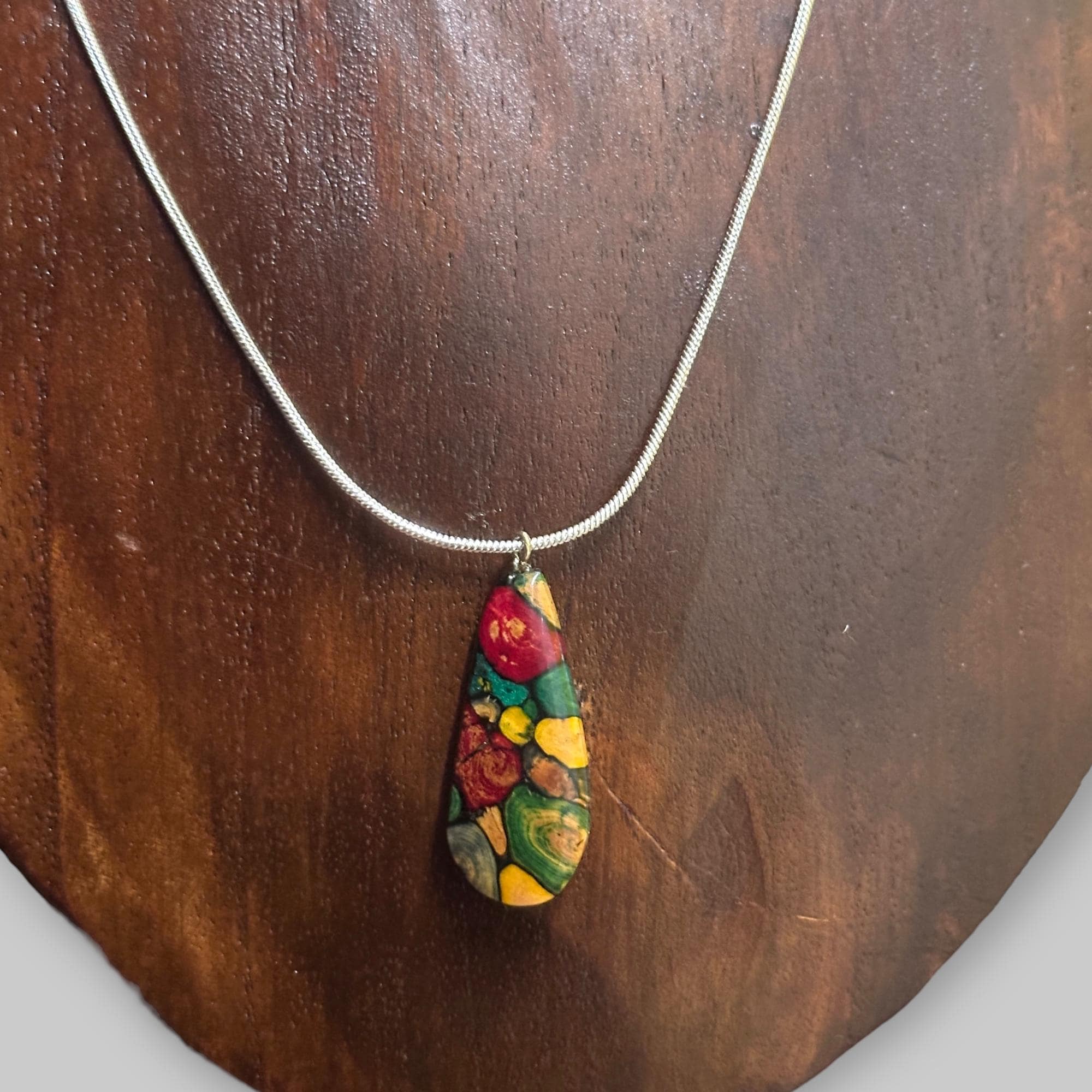 Vintage Coloured Gemstone Teardrop Pendant Necklace Mixed Stone Snake Chain