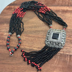 Vintage Handmade Heavy Tribal Shield Pendant Necklace Black Red Metal