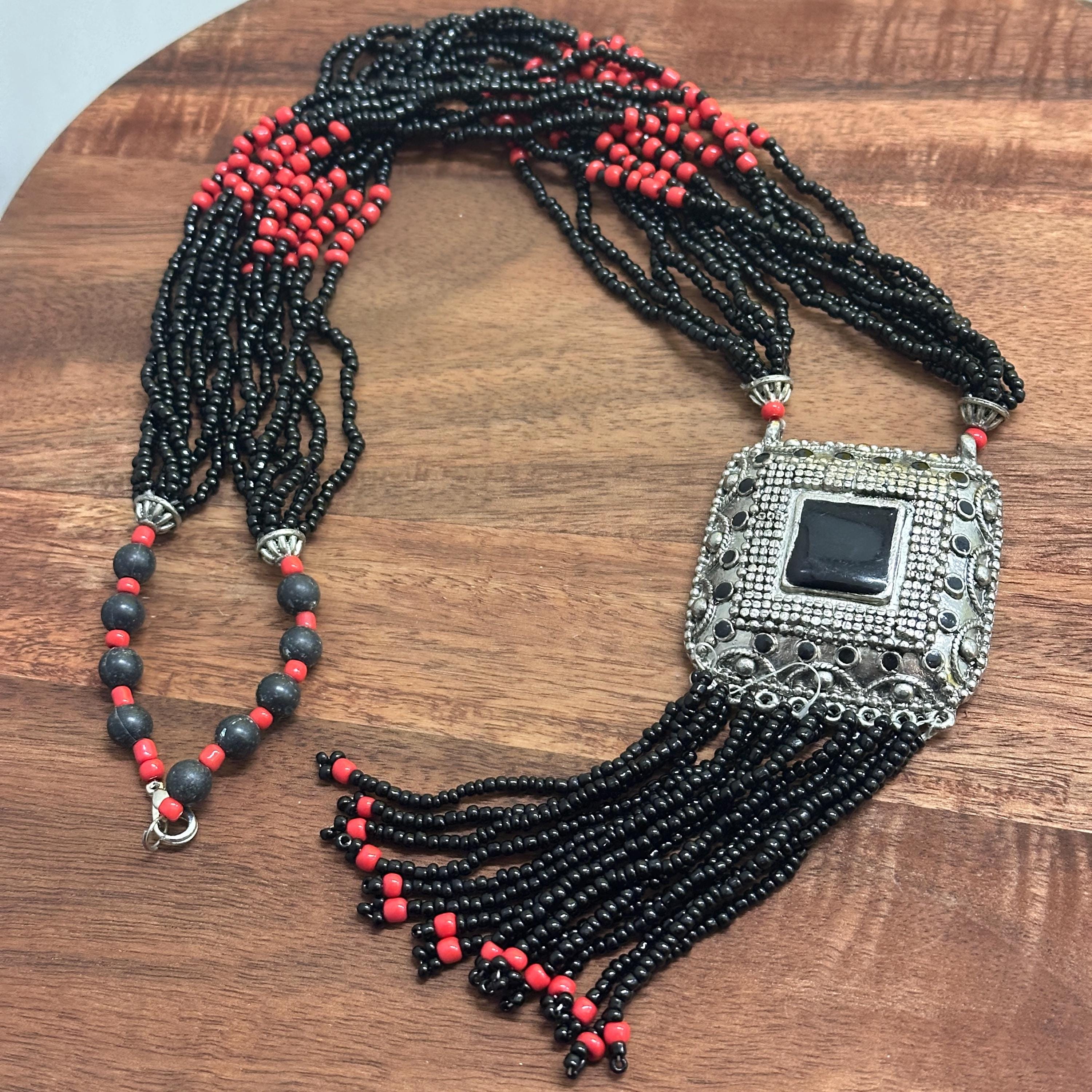 Vintage Handmade Heavy Tribal Shield Pendant Necklace Black Red Metal
