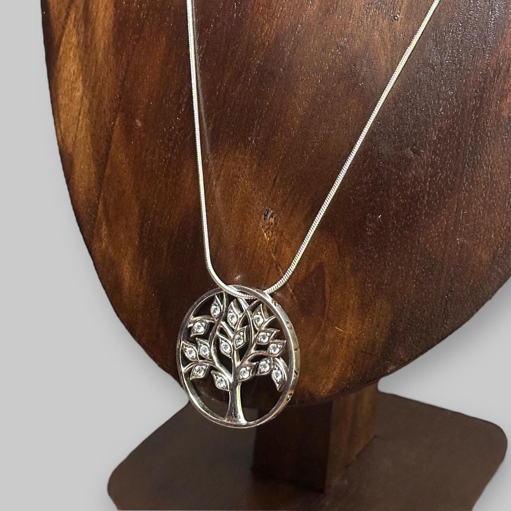 Vintage Tree Of Life Pendant Necklace Silver Tone Clear Gems Unique Gift