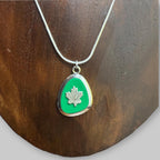 Vintage Green Maple Leaf Pendant Necklace Silver Tone Unique Gift Unisex