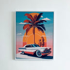 Framed Classic Retro Muscle Car Print Sunset Palm Scene California Gift 50cm