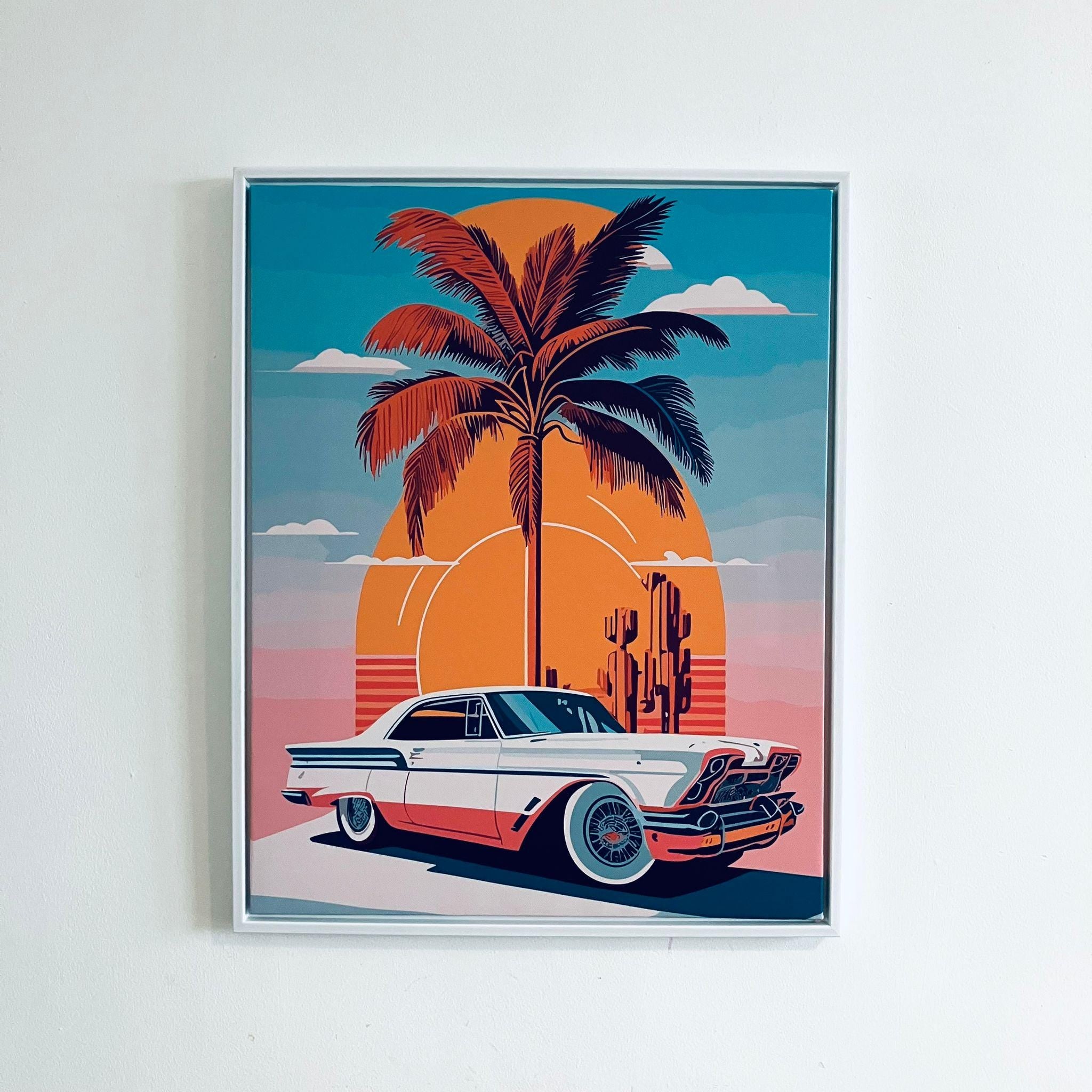 Framed Classic Retro Muscle Car Print Sunset Palm Scene California Gift 50cm