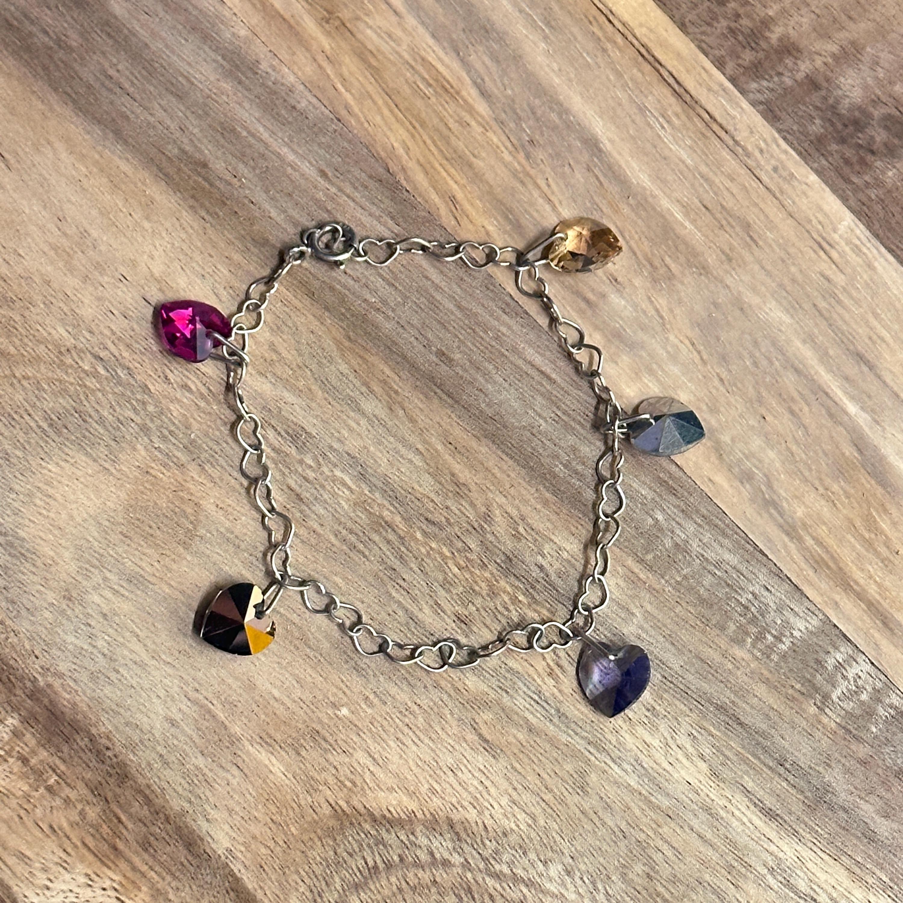 Vintage Intricate Crystal/Glass Heart Charm Bracelet 925 Silver Gift