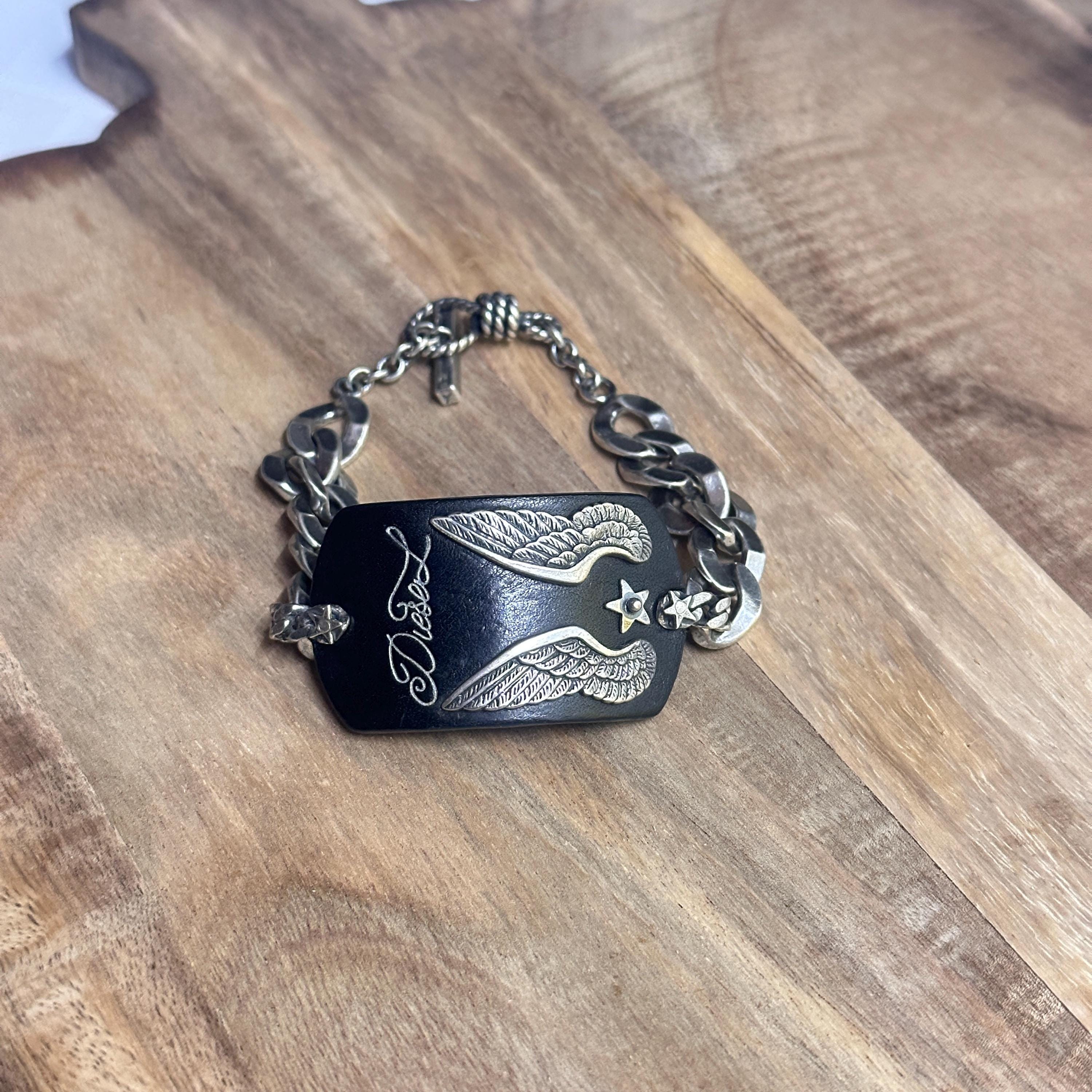 Vintage Rare Diesel Solid Silver Leather Curb Chain Bracelet Silver Wings Biker Grunge Gift