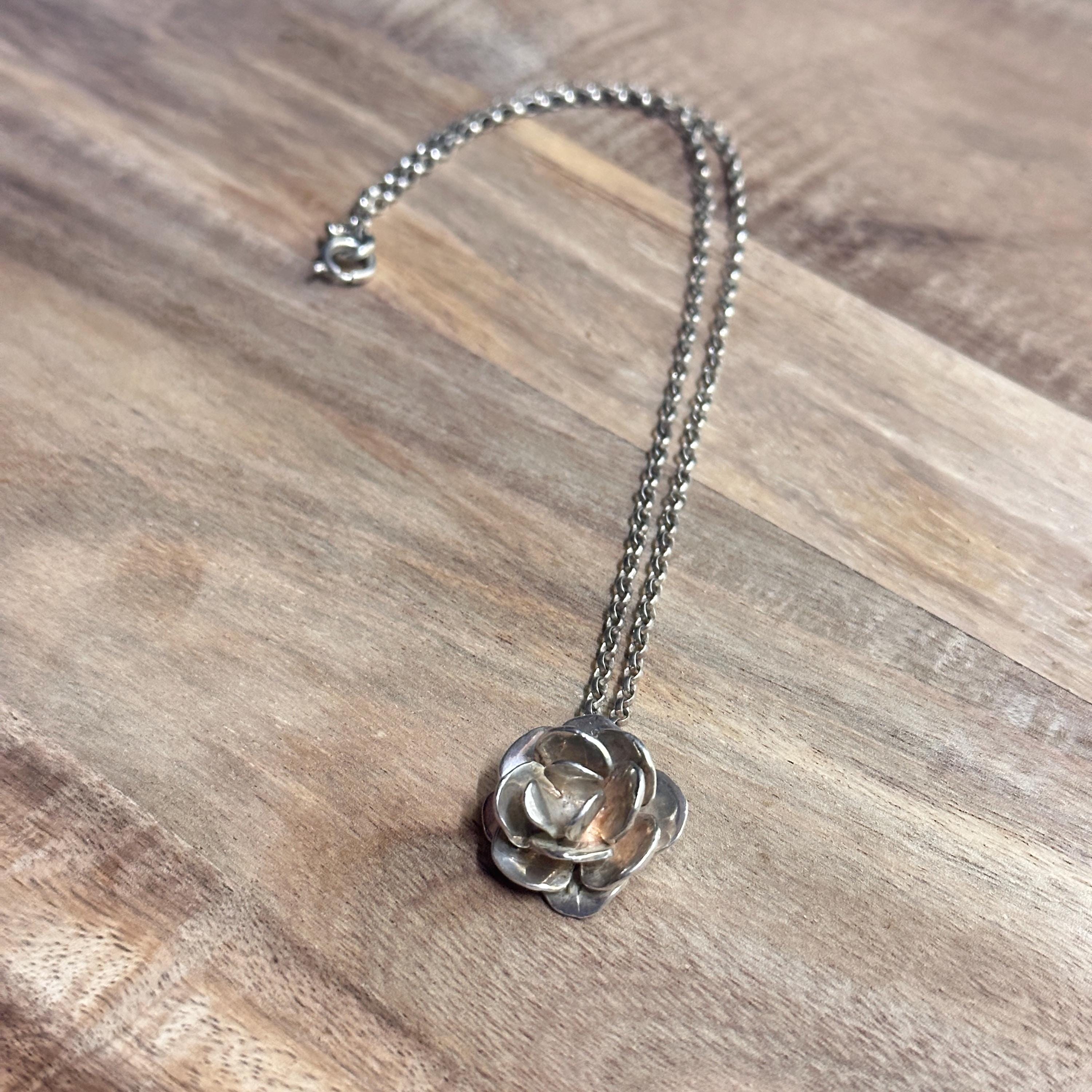 Vintage Unique Solid Silver Rose Pendant Necklace 925 Sterling Silver Gift