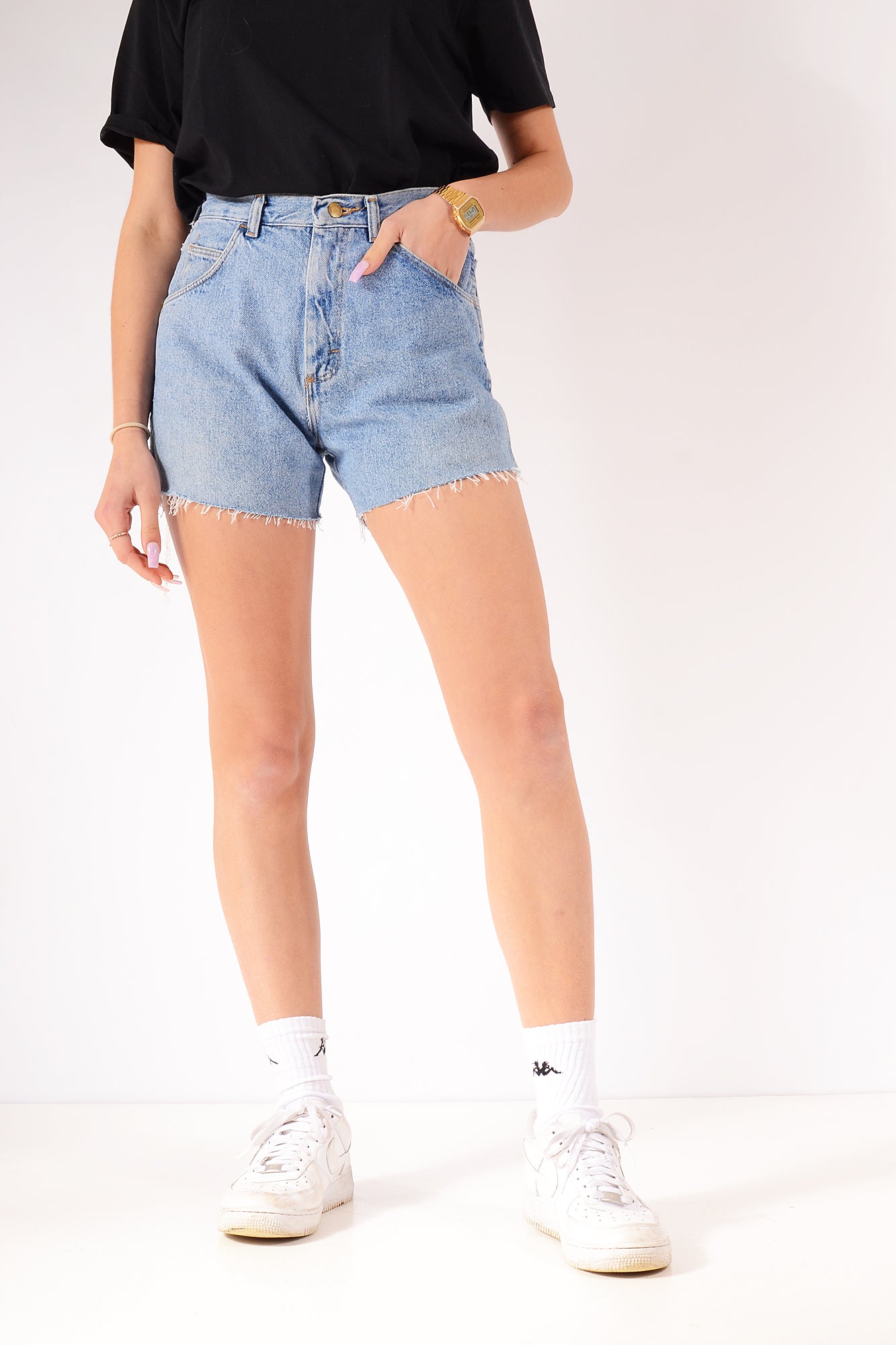 Vintage Wrangler Raw Cut Denim Shorts Light Blue