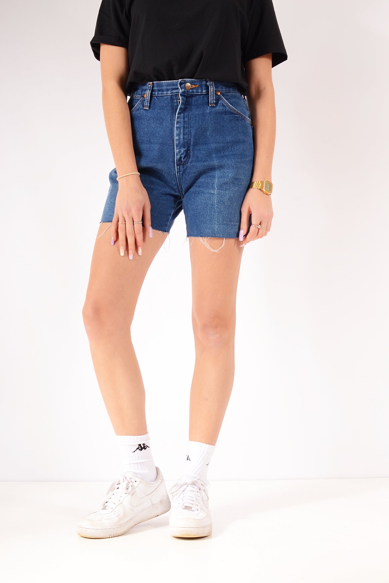 Vintage Wrangler Raw Cut Denim Shorts Dark Blue