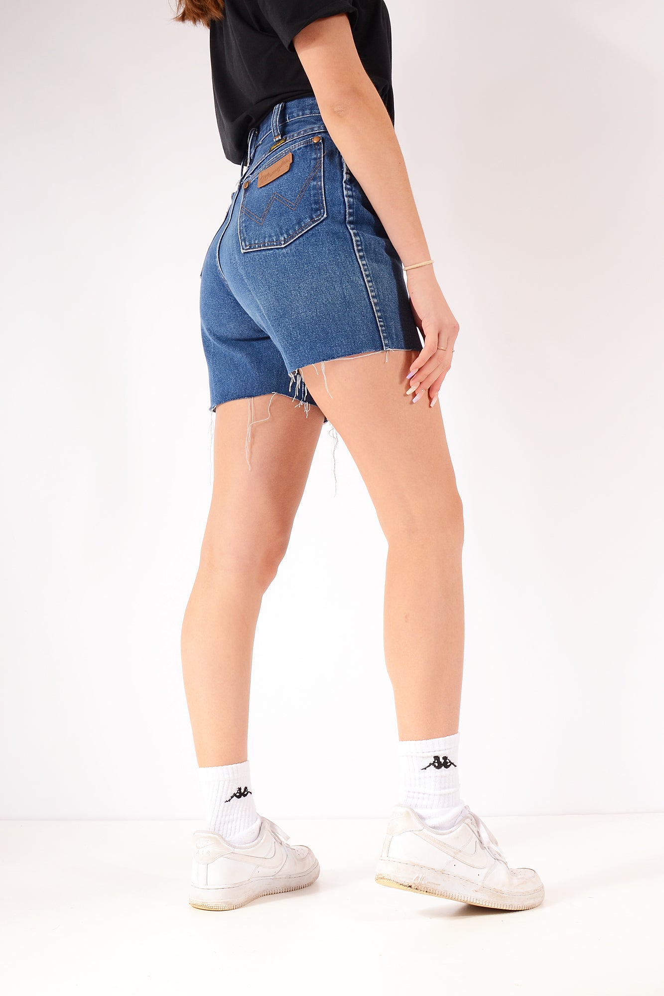 Vintage Wrangler Raw Cut Denim Shorts Dark Blue