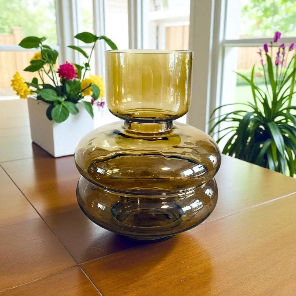 70s Inspired Glass Tubular Vase Dark Yellow Brown Retro Gift 20cm