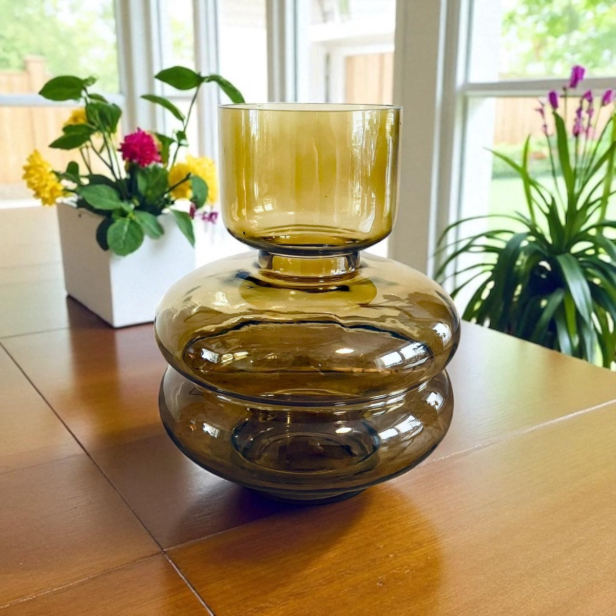 70s Inspired Glass Tubular Vase Dark Yellow Brown Retro Gift 20cm