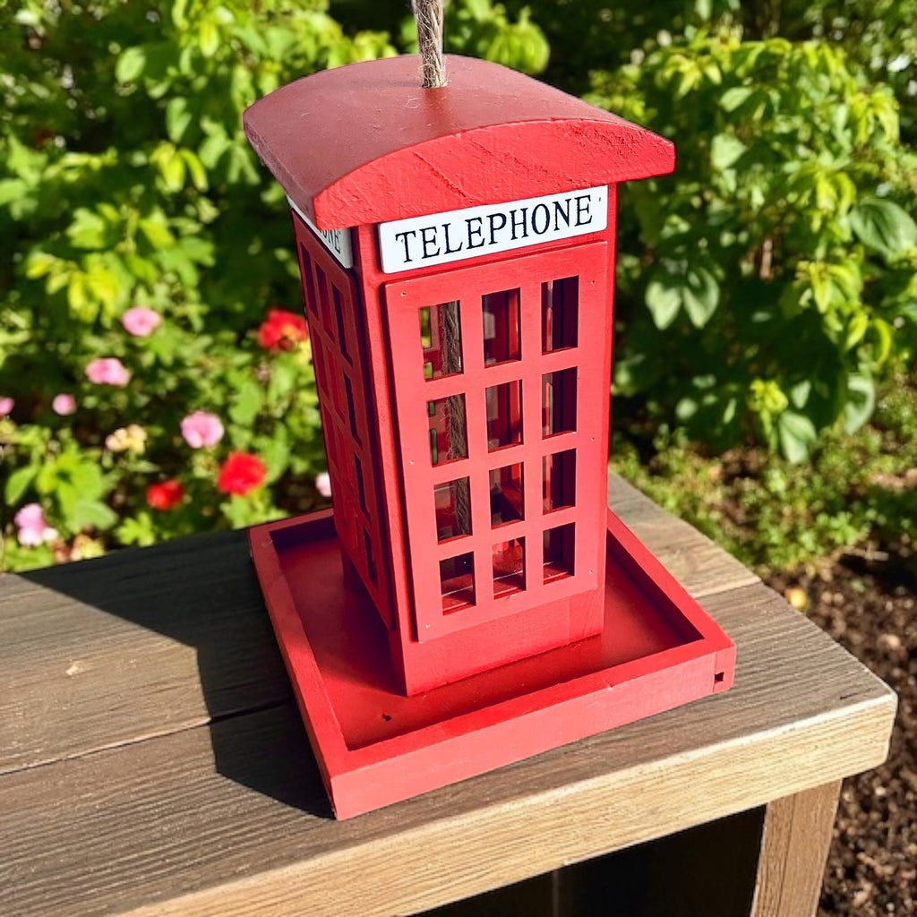 Red Wooden Telephone Bird Box Vintage Style Hanging Bird Feeder 20cm