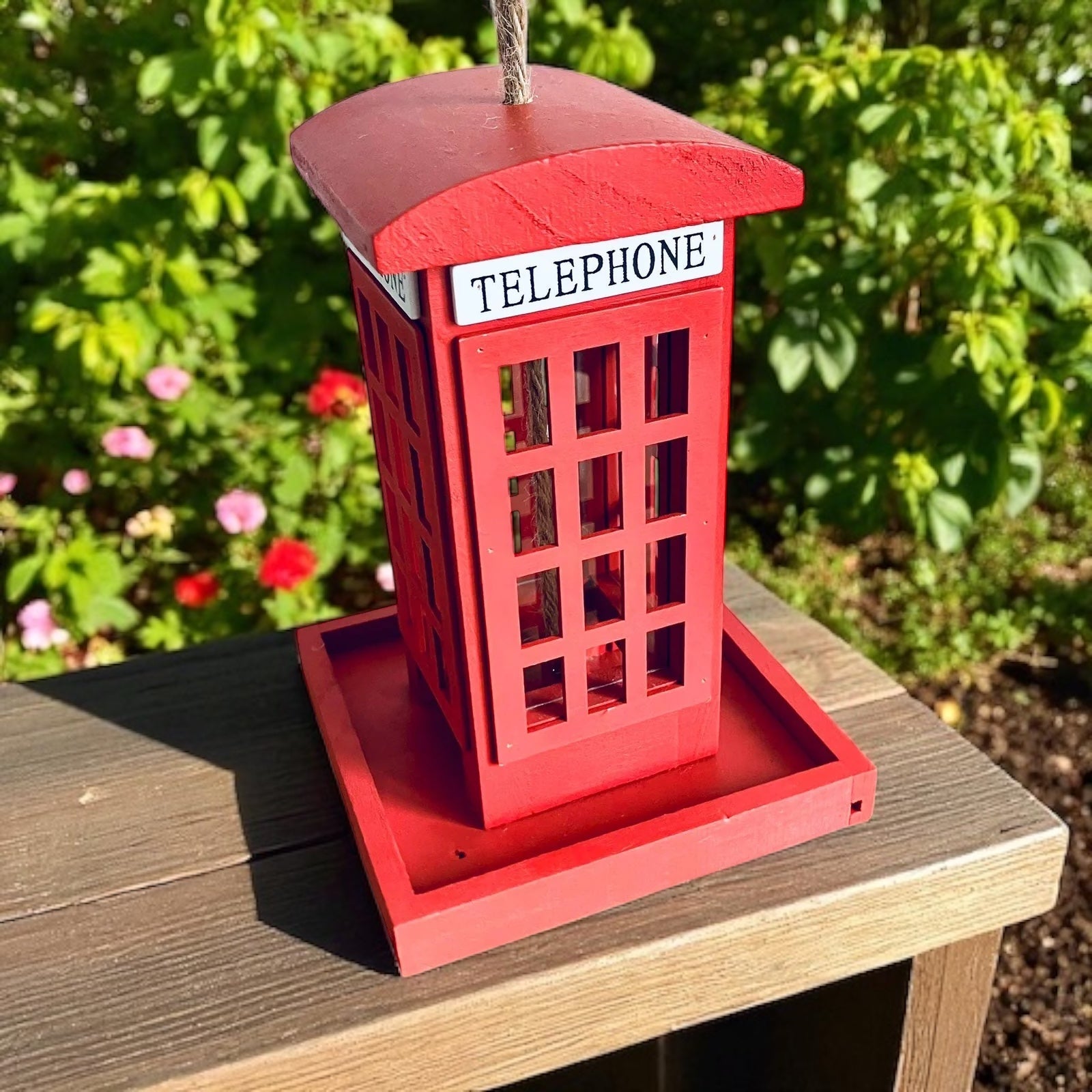 Red Wooden Telephone Bird Box Vintage Style Hanging Bird Feeder 20cm
