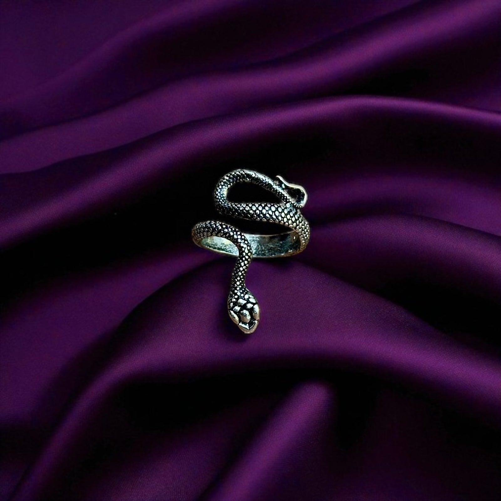 Unique Intricate Gothic Snake Ring Silver Tone Adjustable - Size K