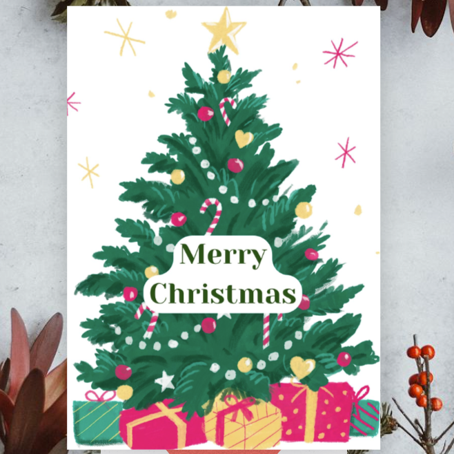 merry christmas tree ecard featuring large decorated christmas tree with gifts and baubles