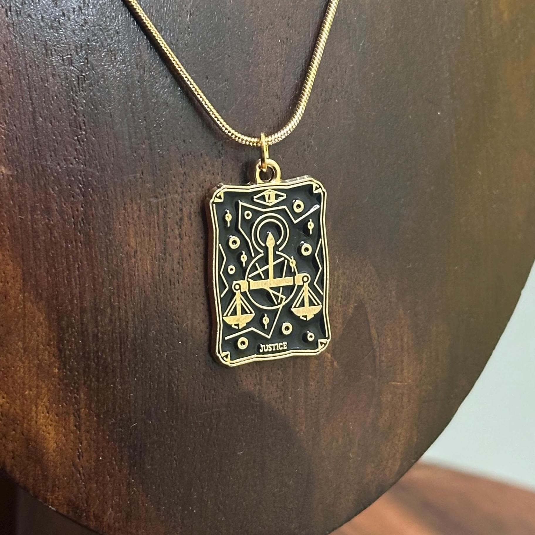 Vintage Justice Tarot Card Pendant Necklace Gold Tone Snake Chain Lucky Gift