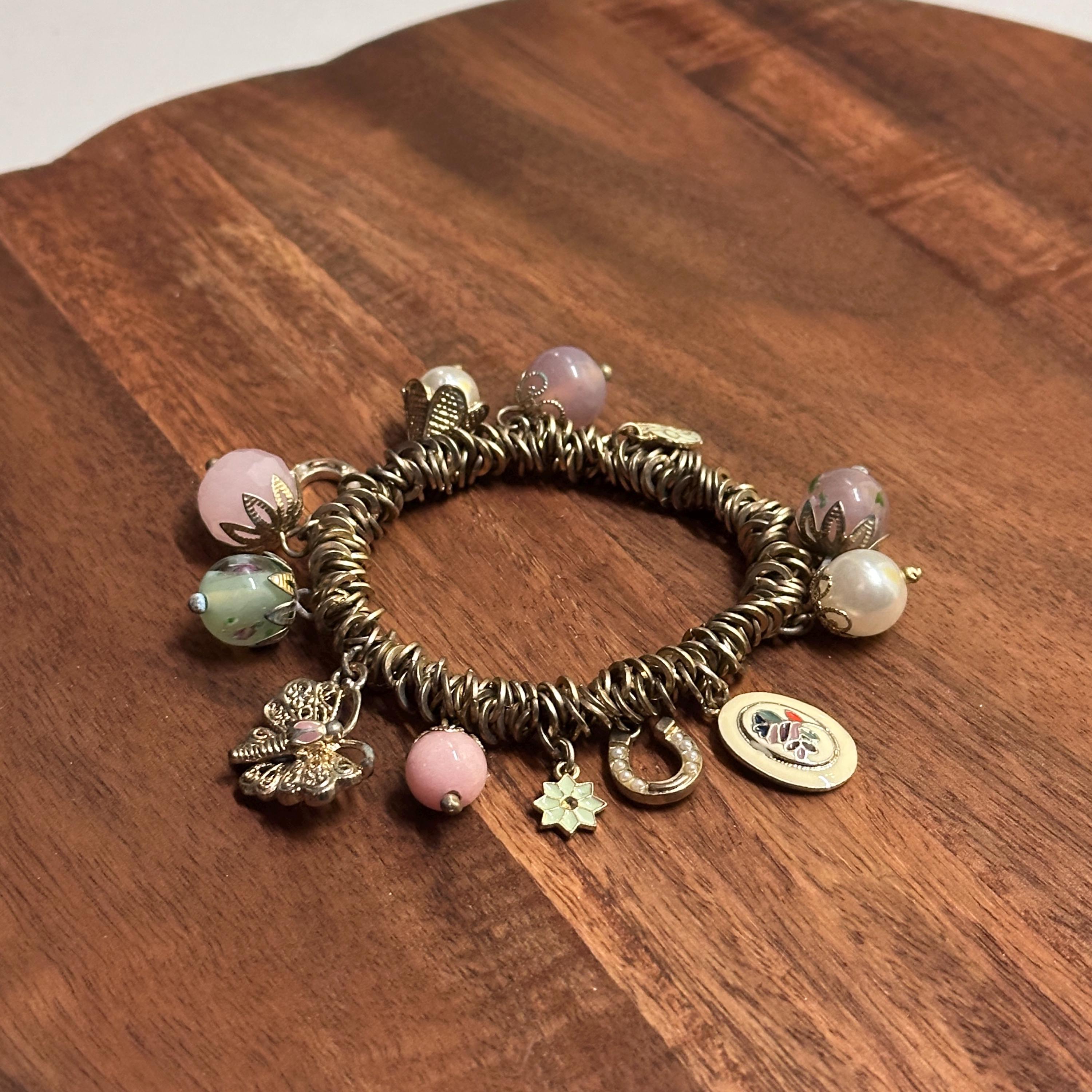 Vintage Pretty Pink/Green Gold Tone Charm Bracelet Unique Gift
