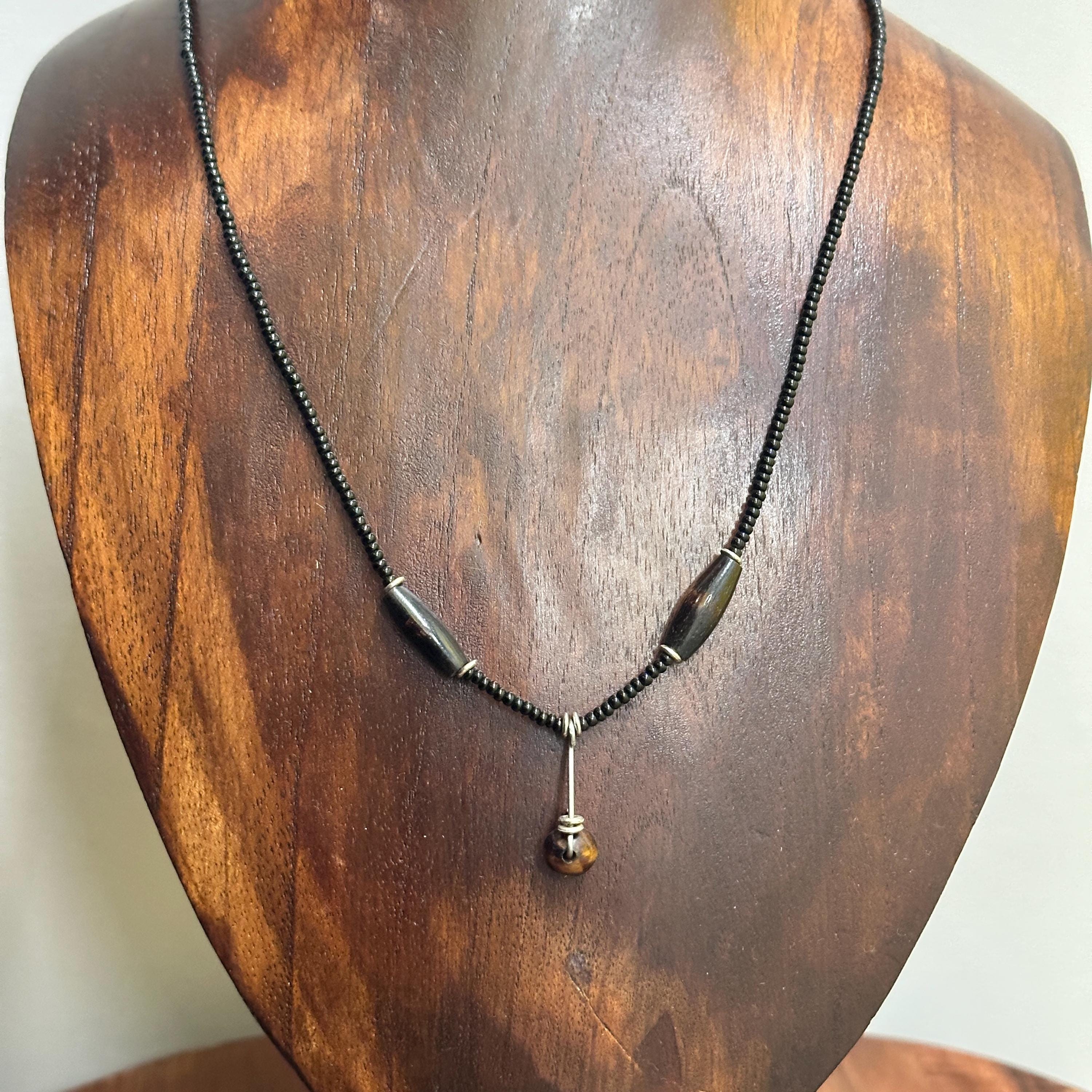 Vintage Unique Ethnic Tribal Single Bead Necklace Black/Brown