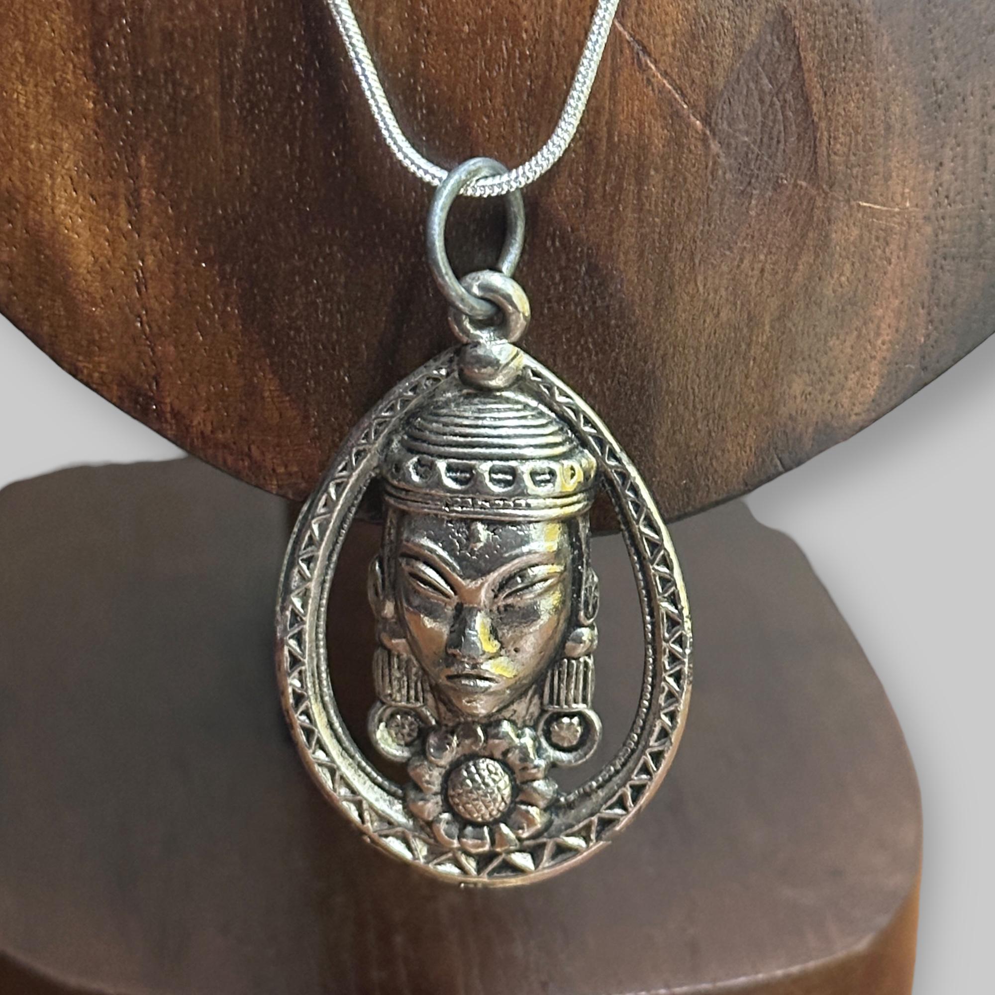 Vintage Large Buddha Pendant Necklace Silver Tone Long Necklace Lucky Friendship Gift