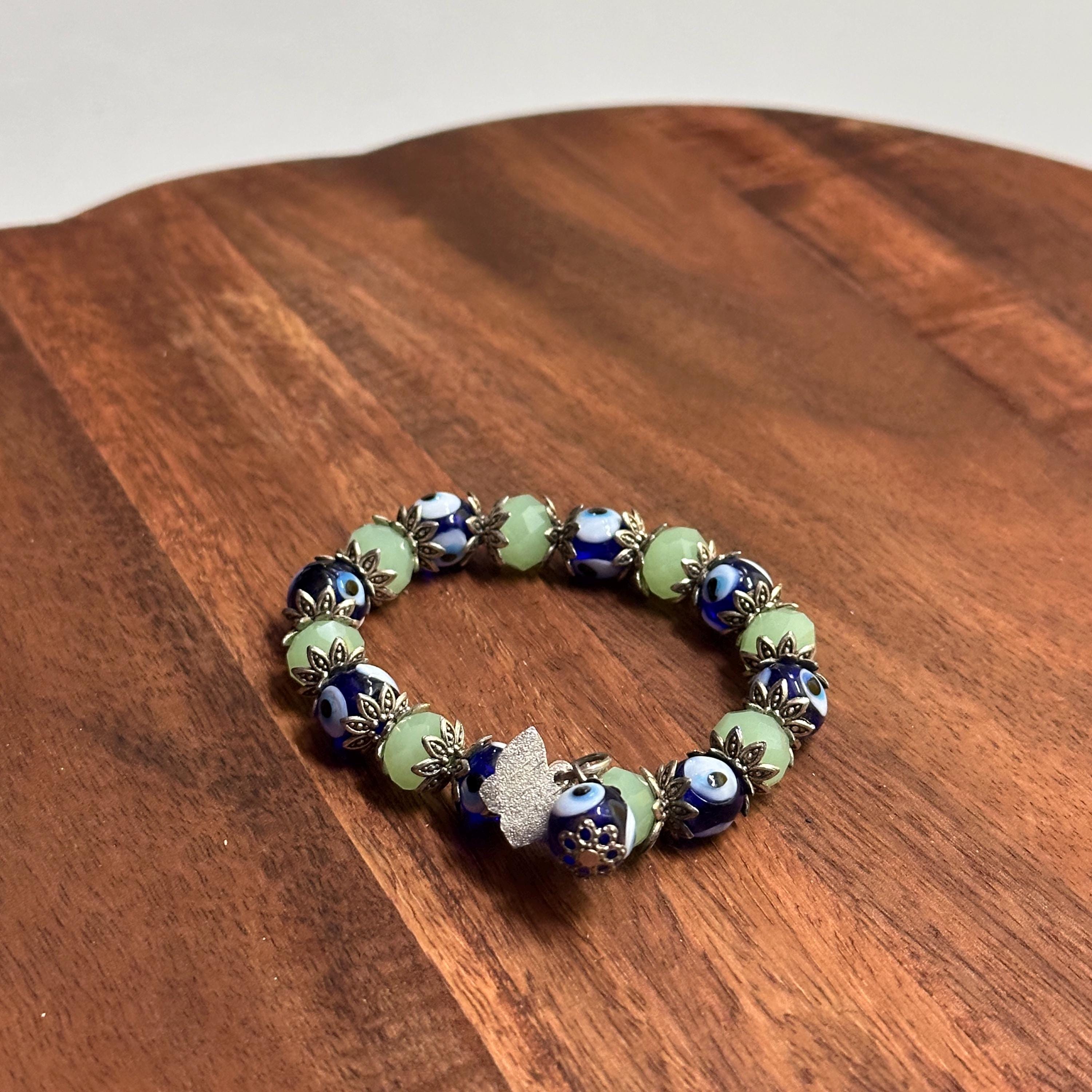Vintage Blue Turkish Evil Eye Green Gemstone Beaded Bracelet Unique Gift