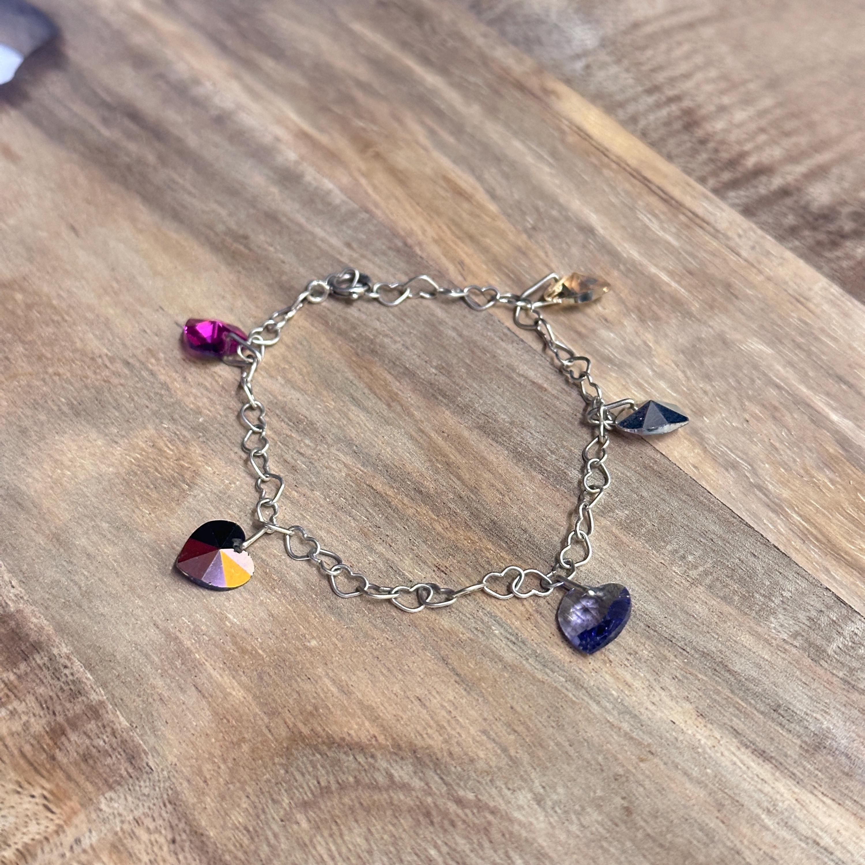 Vintage Intricate Crystal/Glass Heart Charm Bracelet 925 Silver Gift