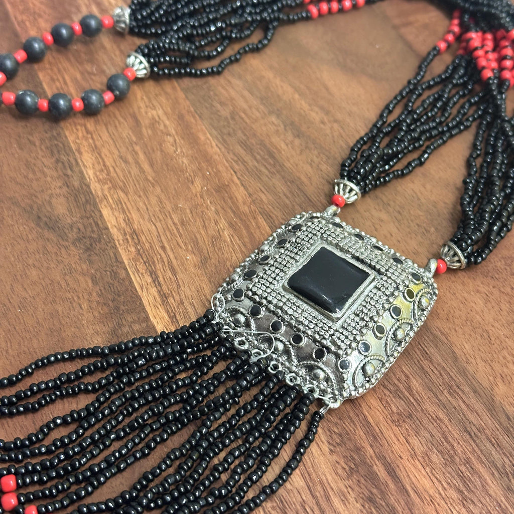 Vintage Handmade Heavy Tribal Shield Pendant Necklace Black Red Metal