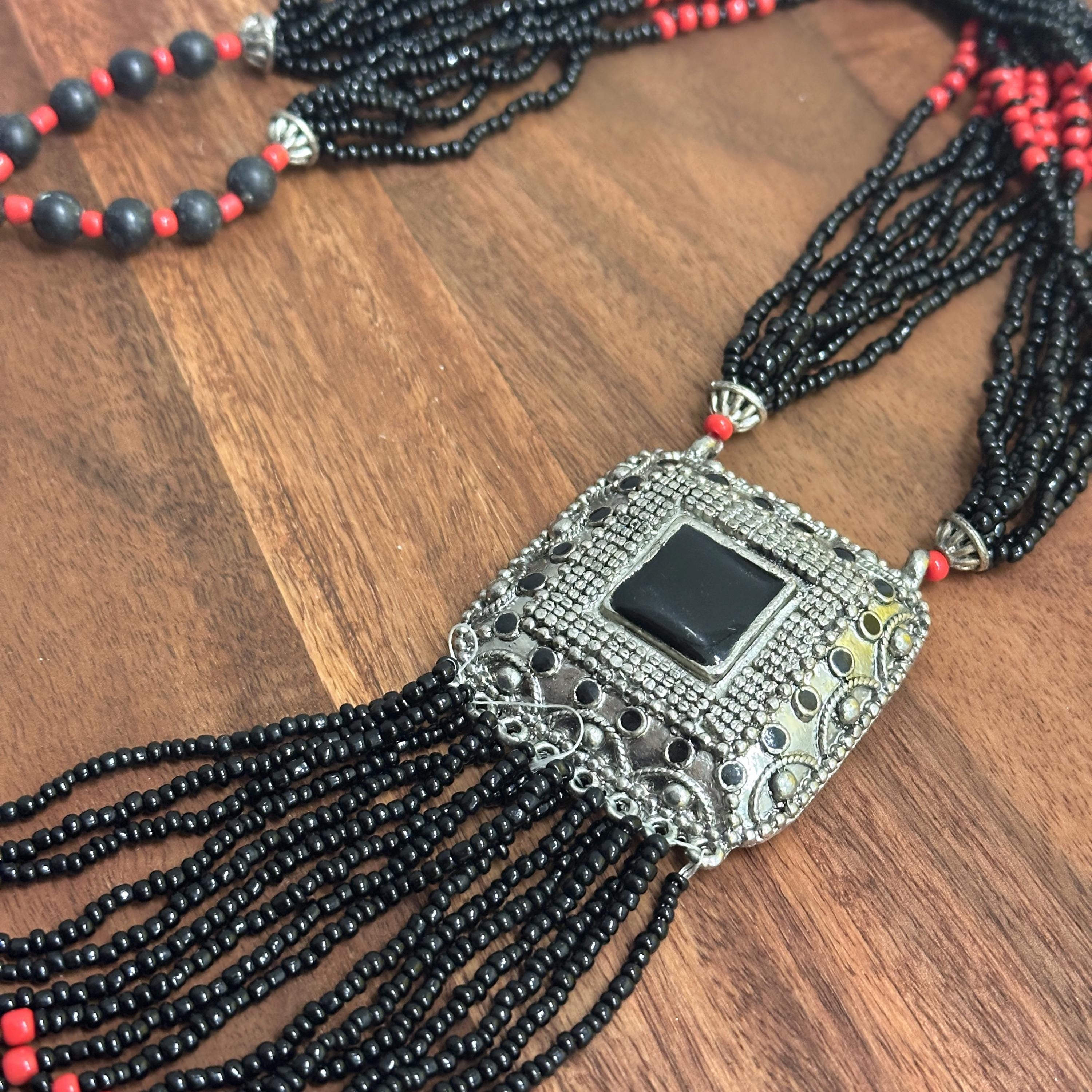 Vintage Handmade Heavy Tribal Shield Pendant Necklace Black Red Metal