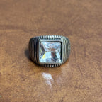Vintage Chunky Square Clear Gemstone Ring Silver Tone - Size O