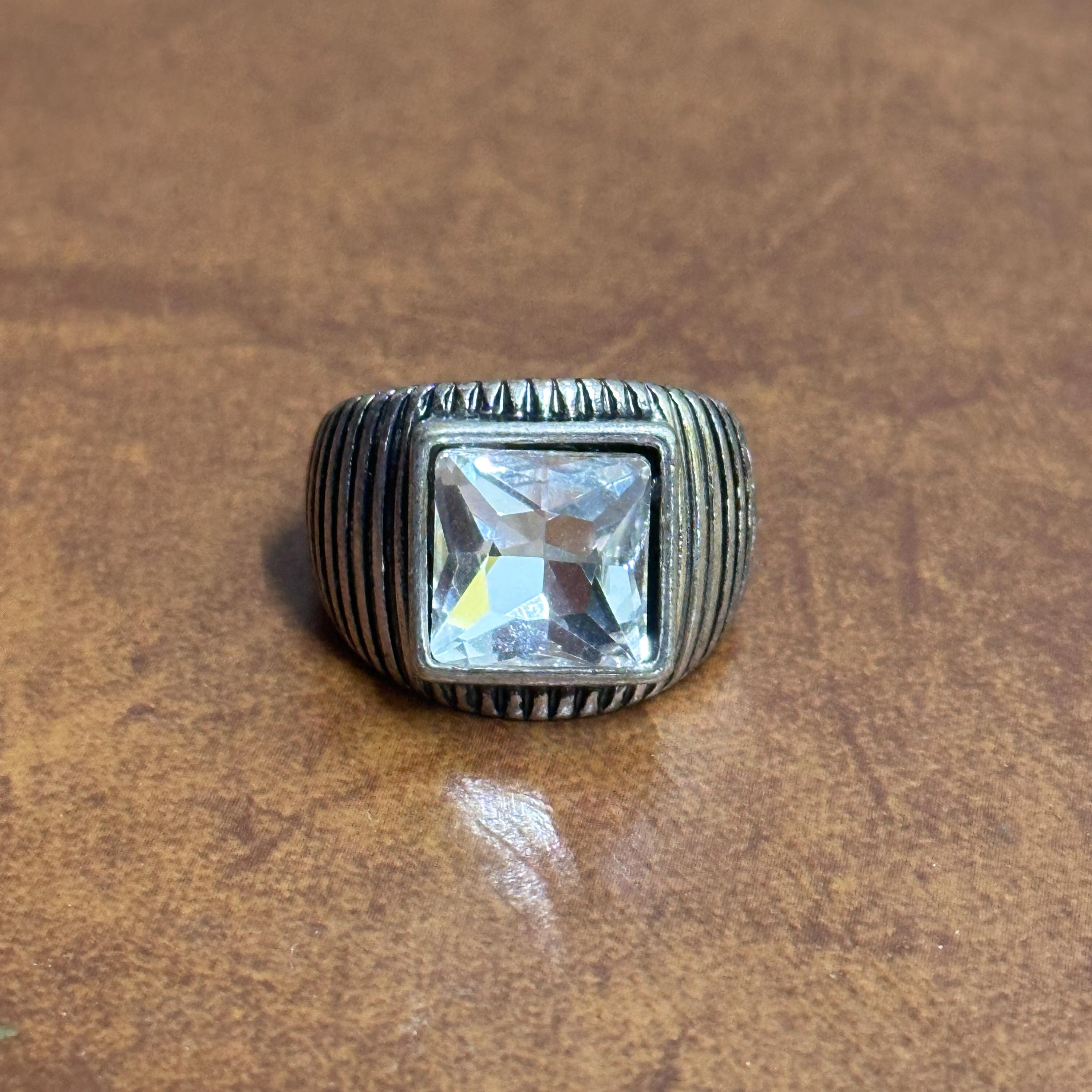 Vintage Chunky Square Clear Gemstone Ring Silver Tone - Size O