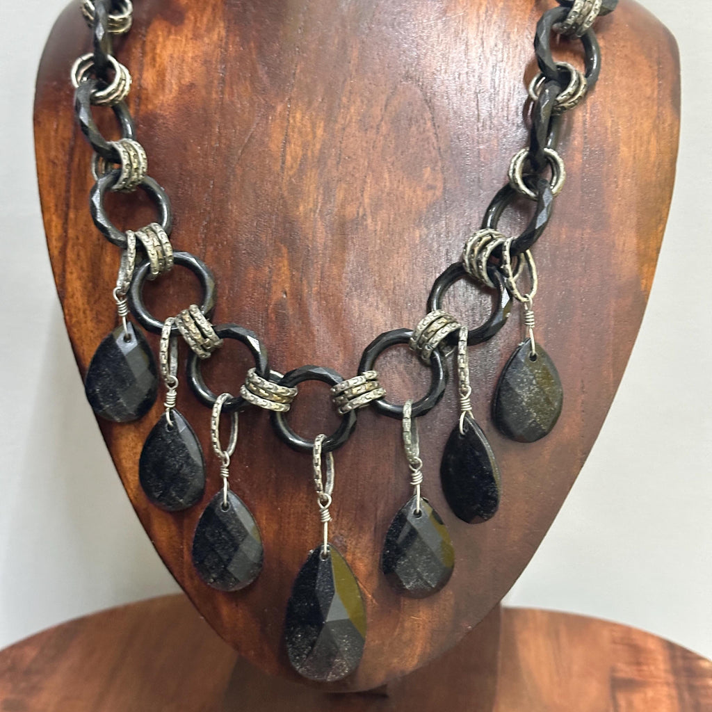 Vintage Chunky Ethnic Black Teardrop Pendant Tribal Beaded Necklace