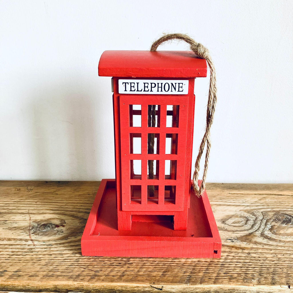 Red Wooden Telephone Bird Box Vintage Style Hanging Bird Feeder 20cm