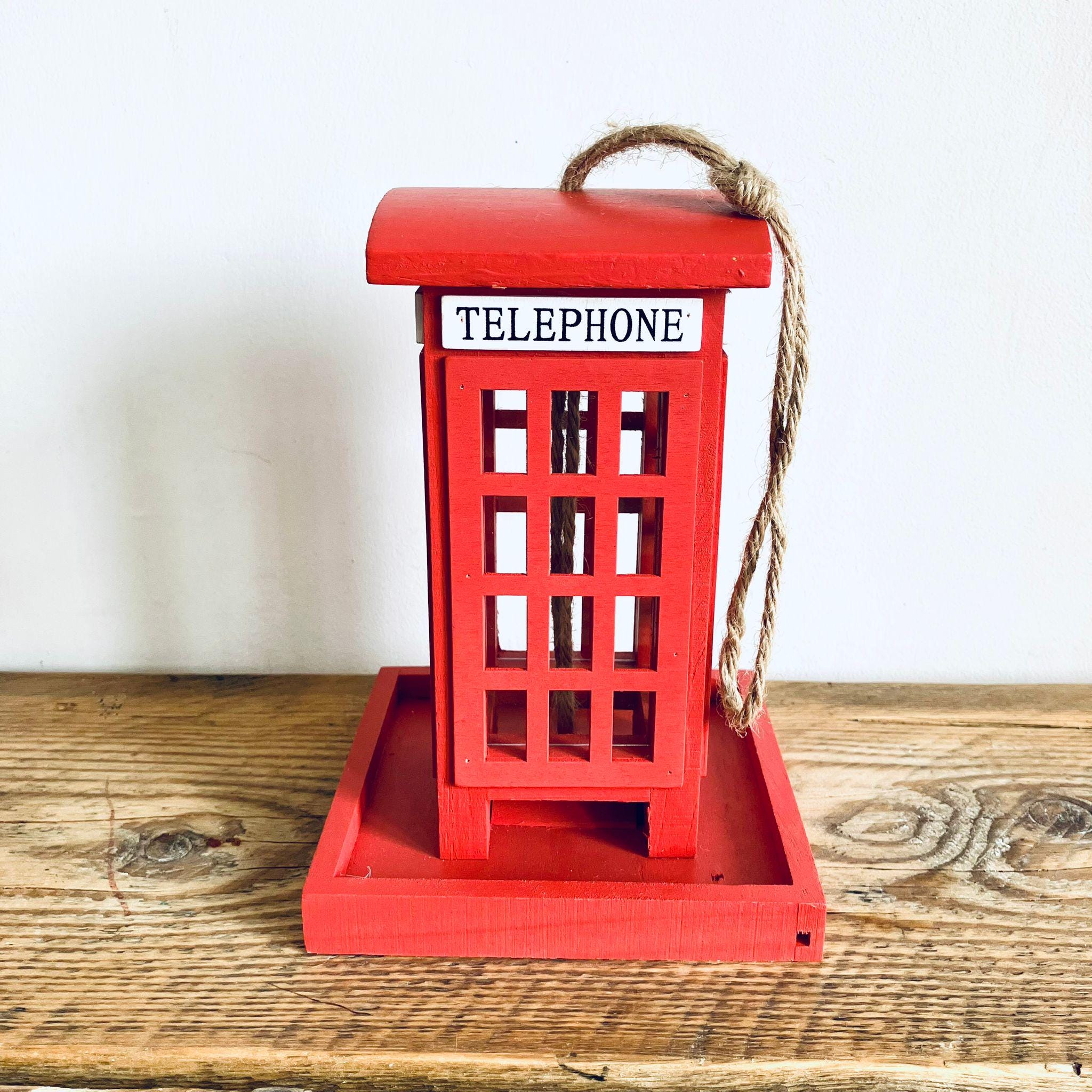 Red Wooden Telephone Bird Box Vintage Style Hanging Bird Feeder 20cm