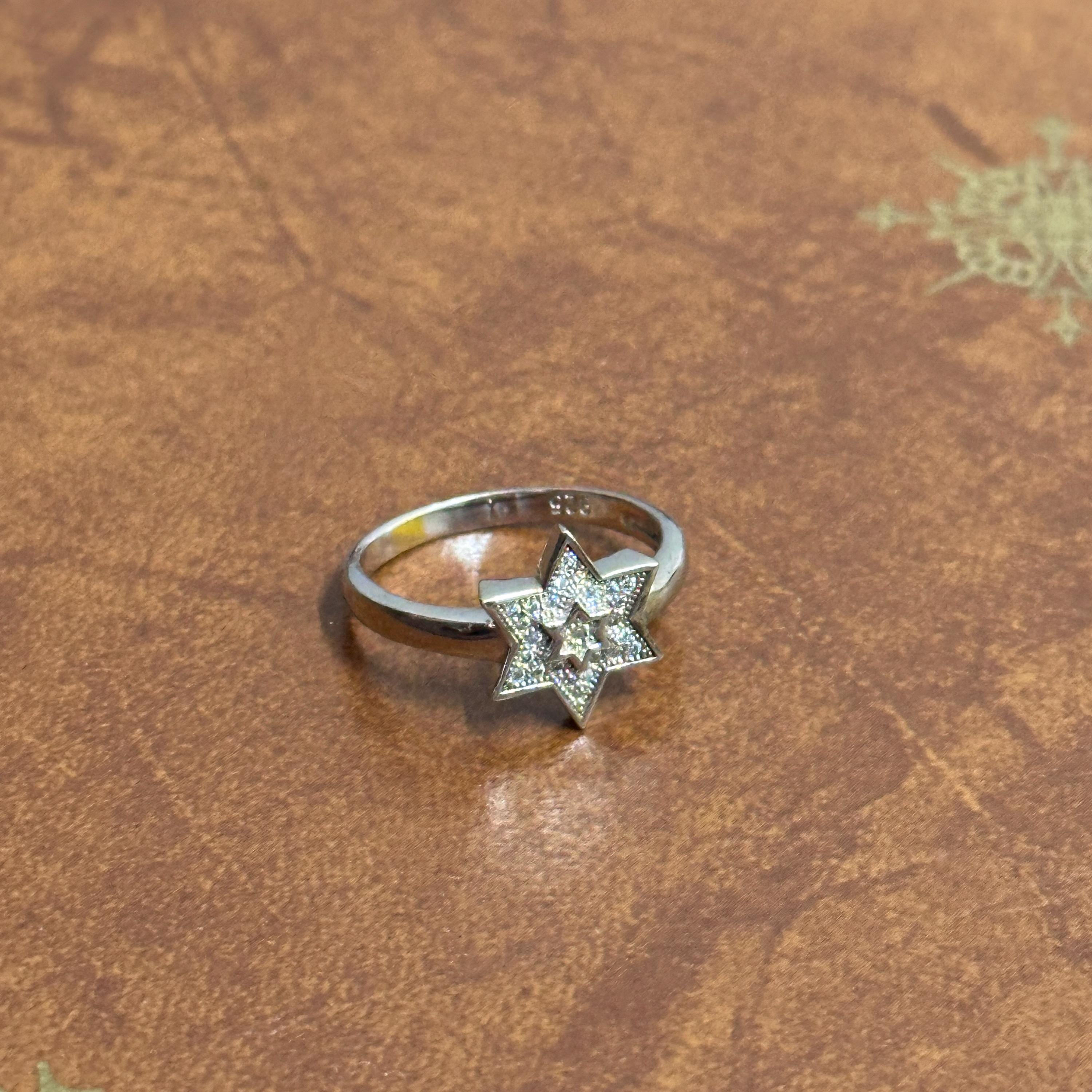 Vintage 925 Solid Silver Clear Diamanté Cluster Star Ring - Size Q