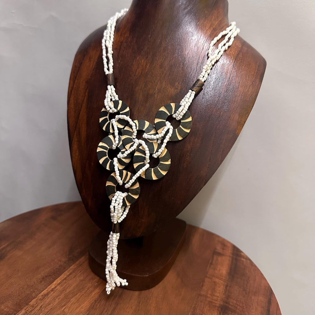Vintage Handmade Tribal Disk Pendant Necklace White/Brown