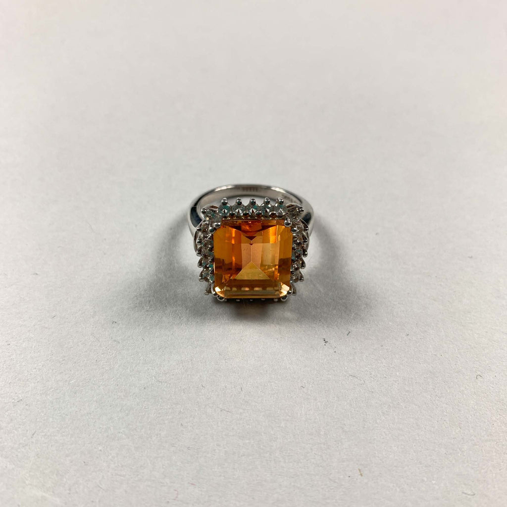 Vintage Unique 925 Sterling Silver Padparadscha Quartz & White Topaz Ring - P