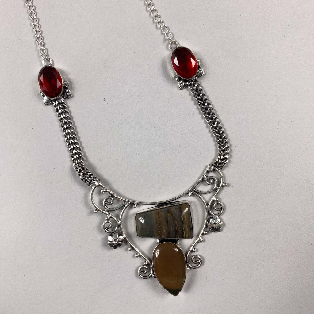 Vintage Unique Costume Jasper Stone & Garnet Necklace