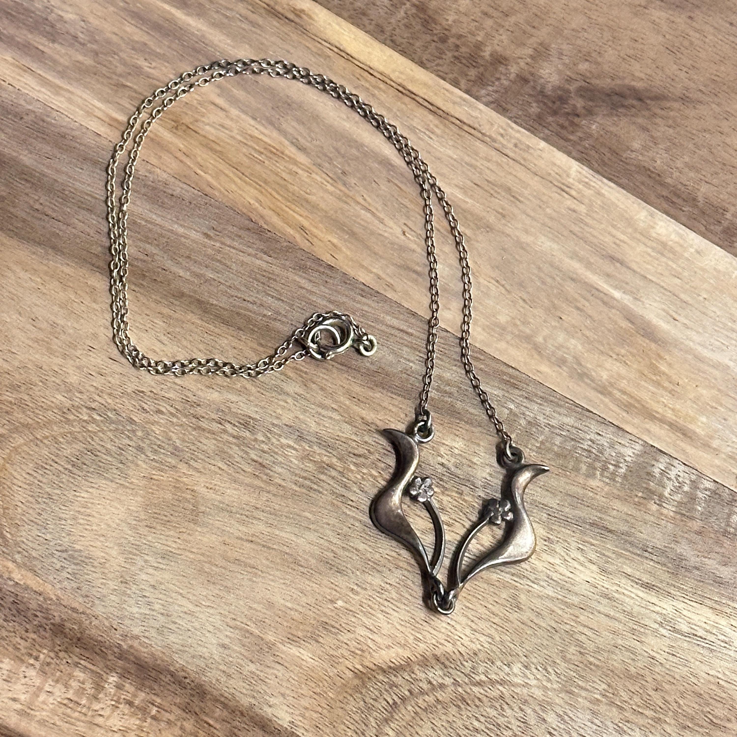 Vintage Mid-Century Split Floral Leaf 925 Sterling Silver Pendant Necklace Unique Gift