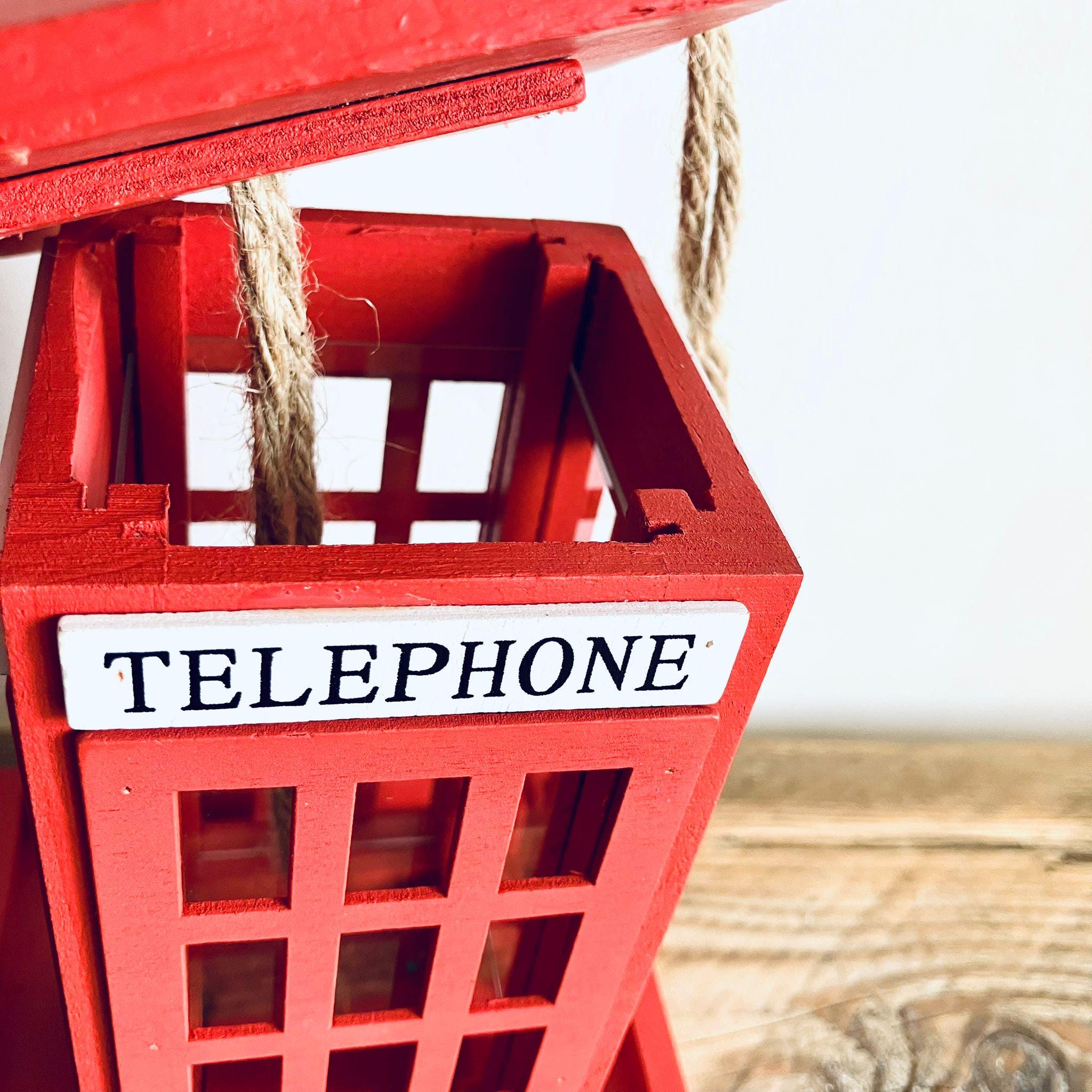 Red Wooden Telephone Bird Box Vintage Style Hanging Bird Feeder 20cm