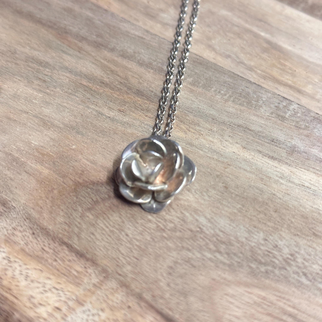Vintage Unique Solid Silver Rose Pendant Necklace 925 Sterling Silver Gift