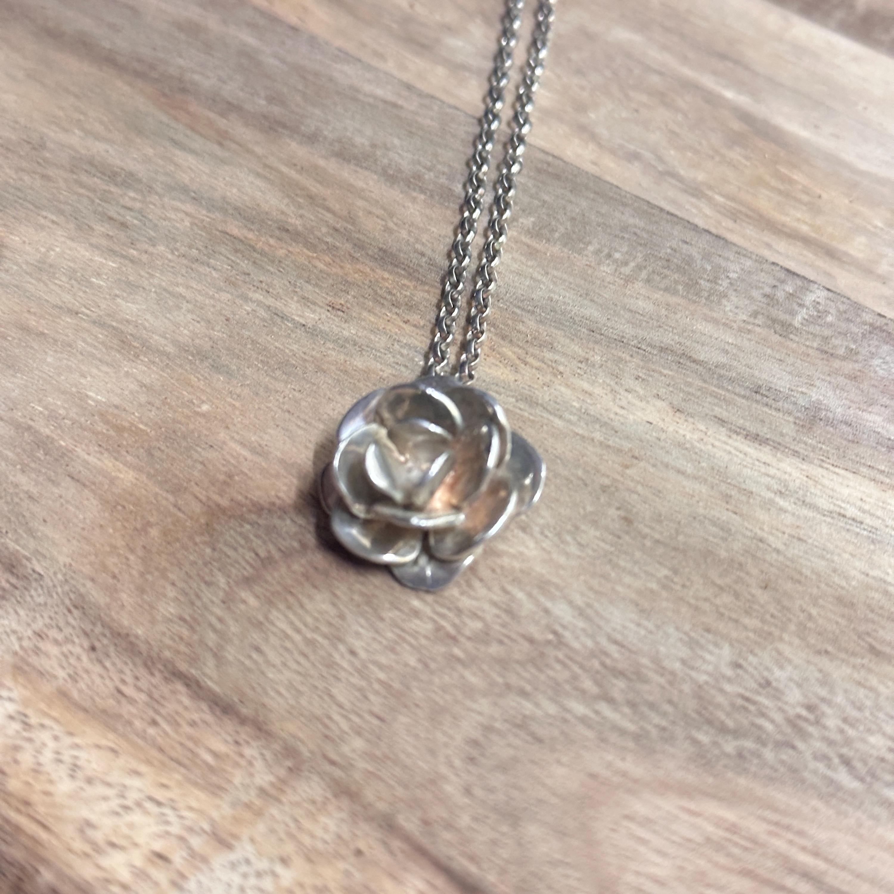 Vintage Unique Solid Silver Rose Pendant Necklace 925 Sterling Silver Gift