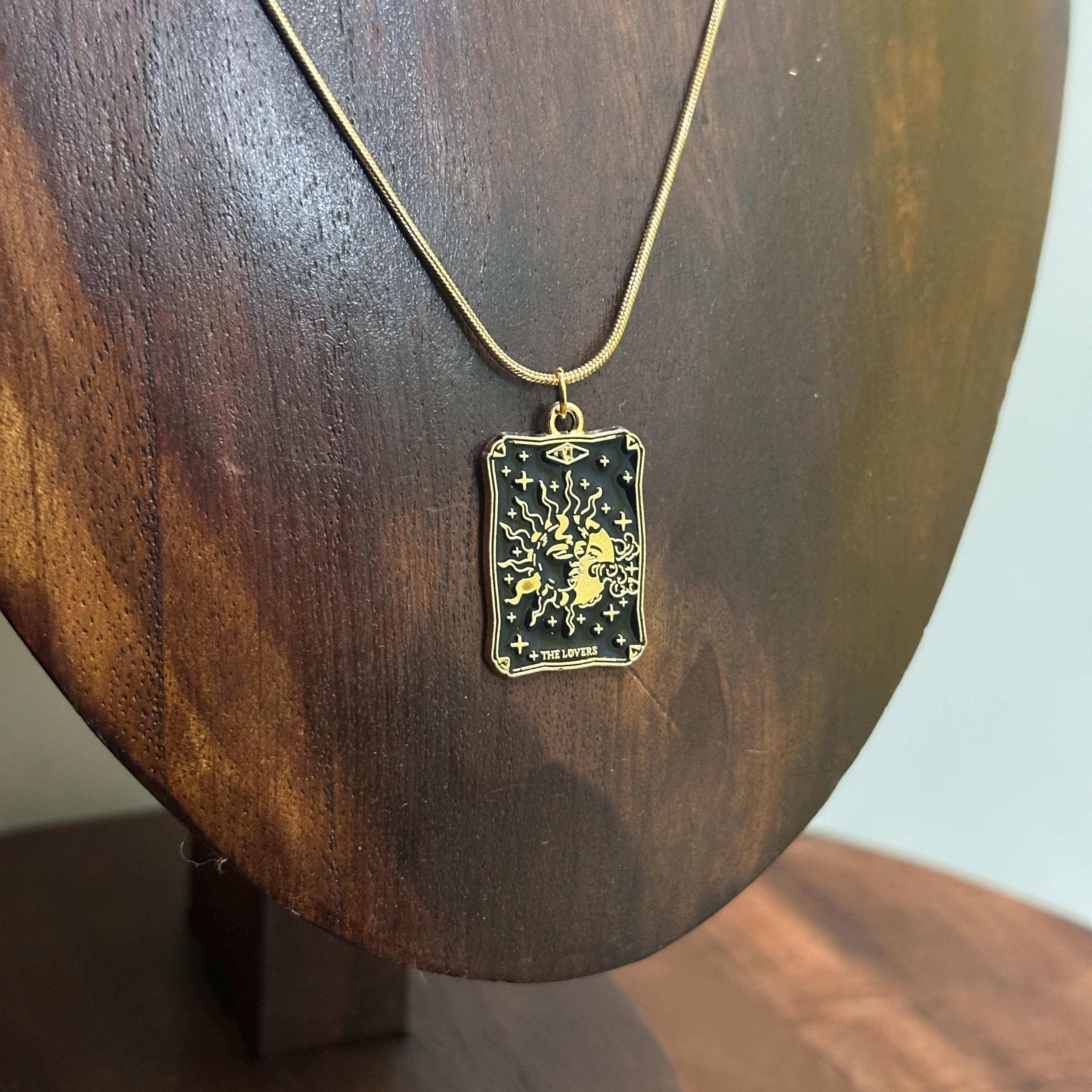Retro The Lovers Tarot Card Pendant Necklace Gold Tone Snake Chain Lucky Gift