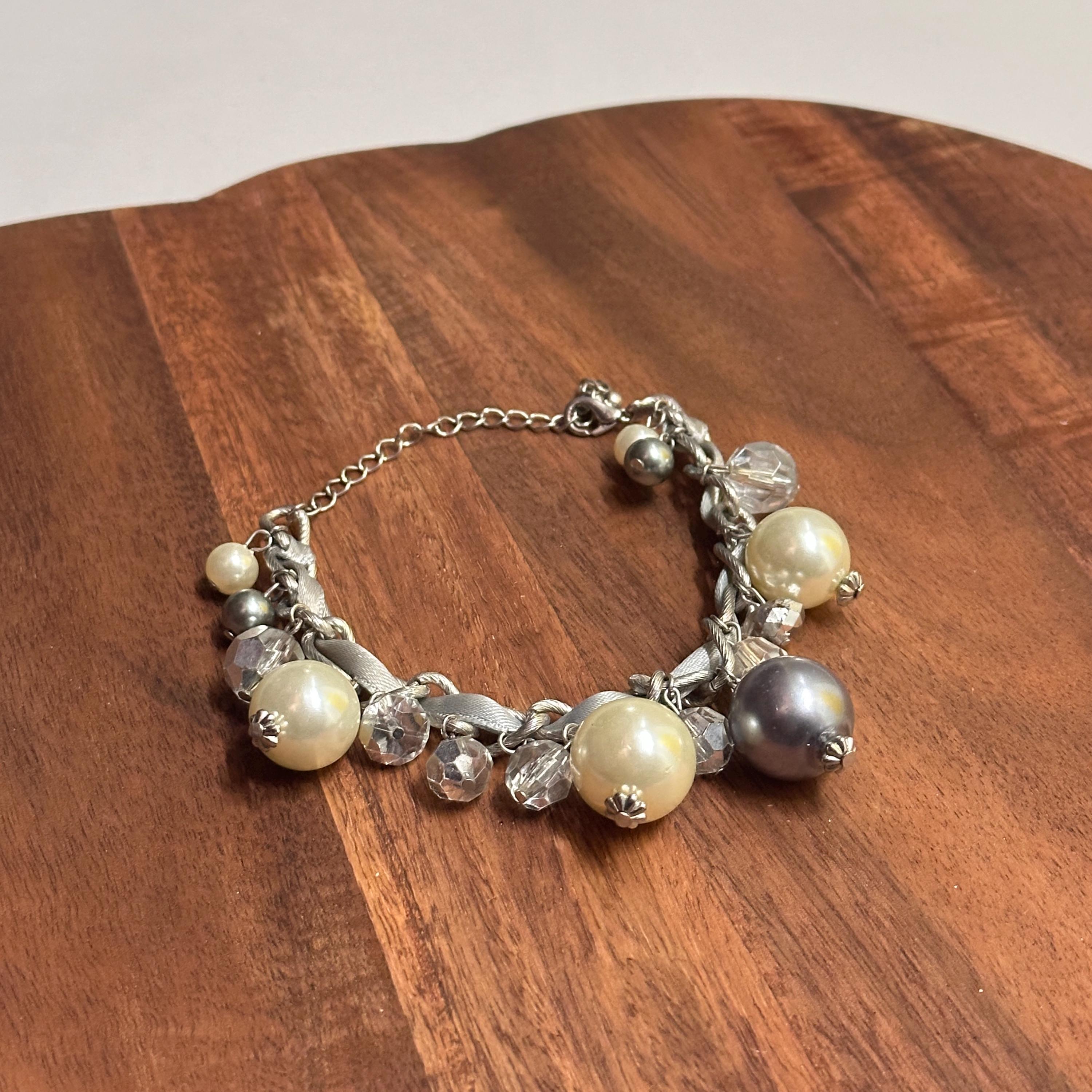 Vintage Unique Oversized Pearl Diamante Bracelet Woven Charms Gift